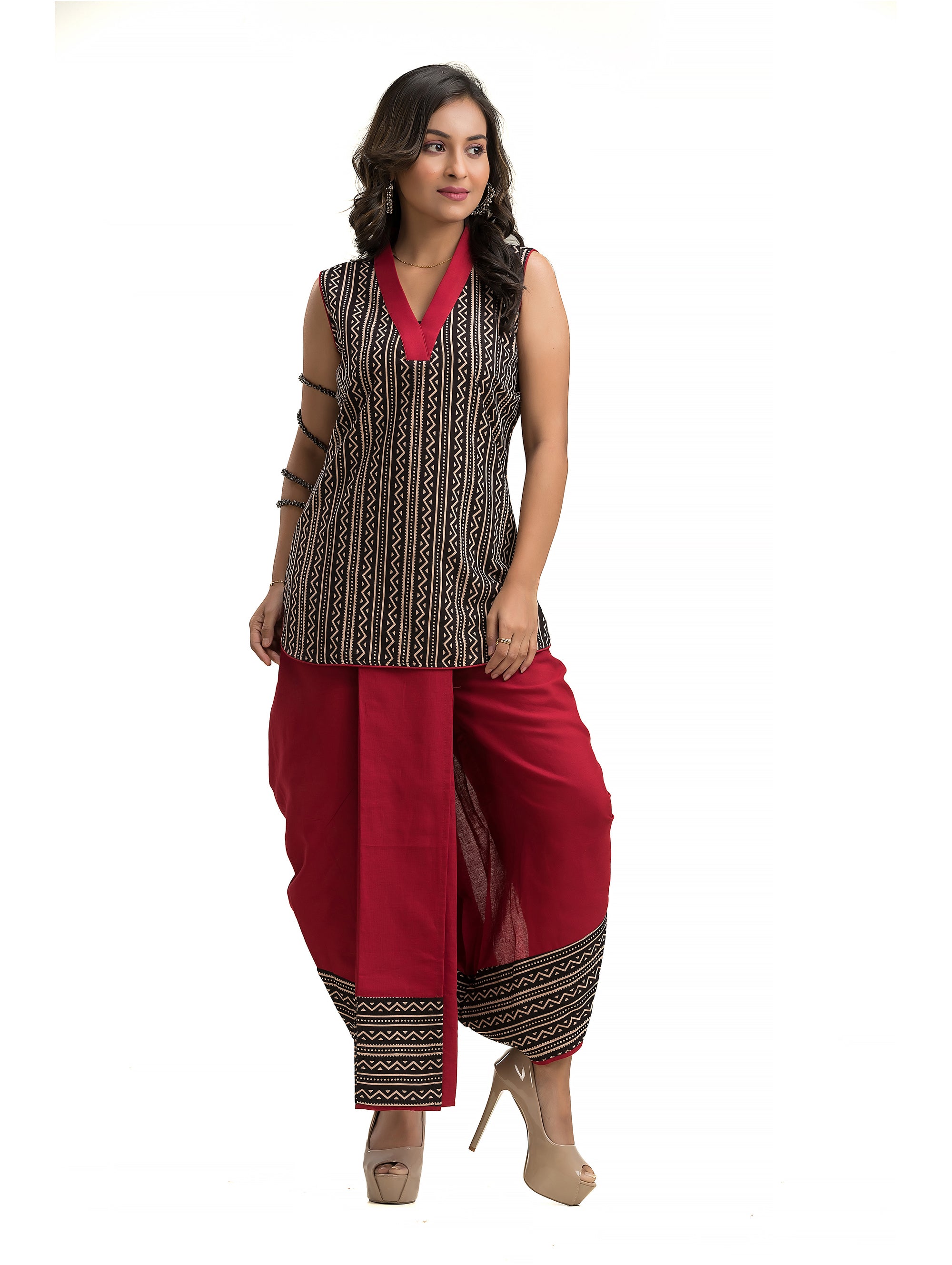Black Stripe Ajrakh Pattern Maroon Dhoti Co-Ord Set