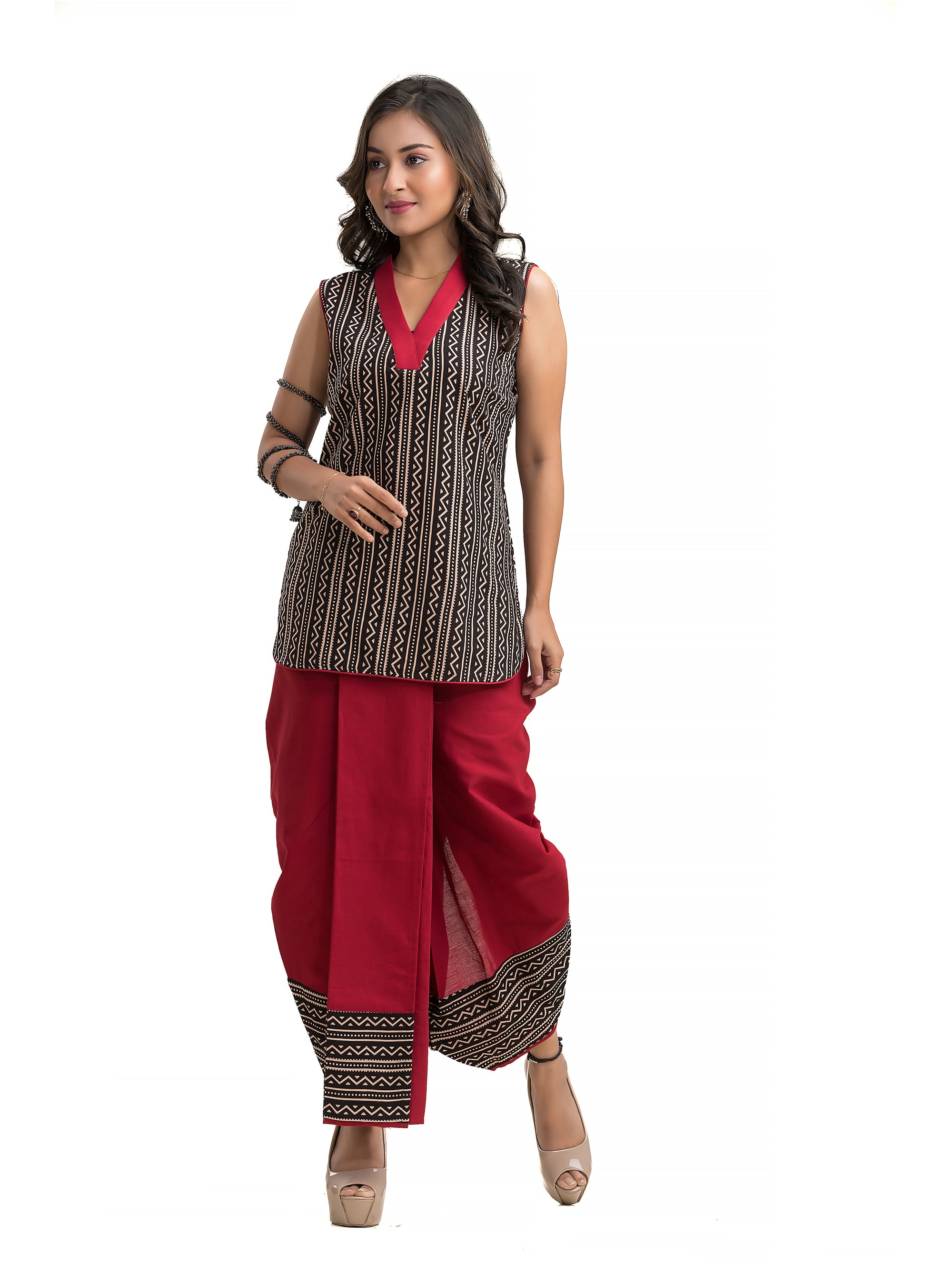 Black Stripe Ajrakh Pattern Maroon Dhoti Co-Ord Set - Crazy Needle Online