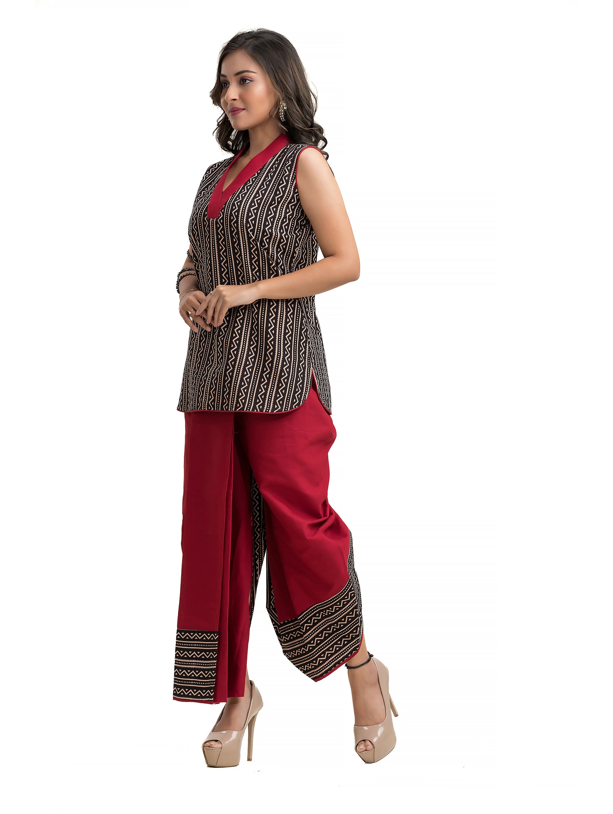 Black Stripe Ajrakh Pattern Maroon Dhoti Co-Ord Set - Crazy Needle Online