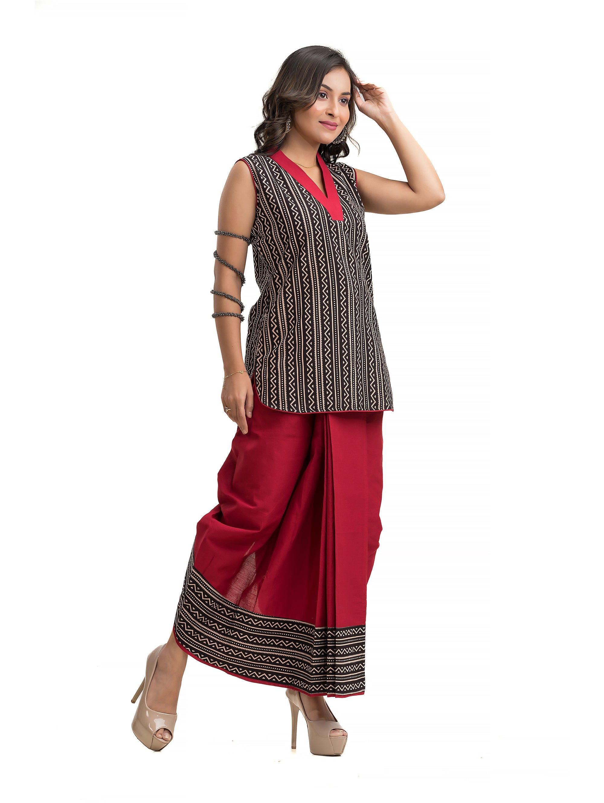 Black Stripe Ajrakh Pattern Maroon Dhoti Co-Ord Set - Crazy Needle Online