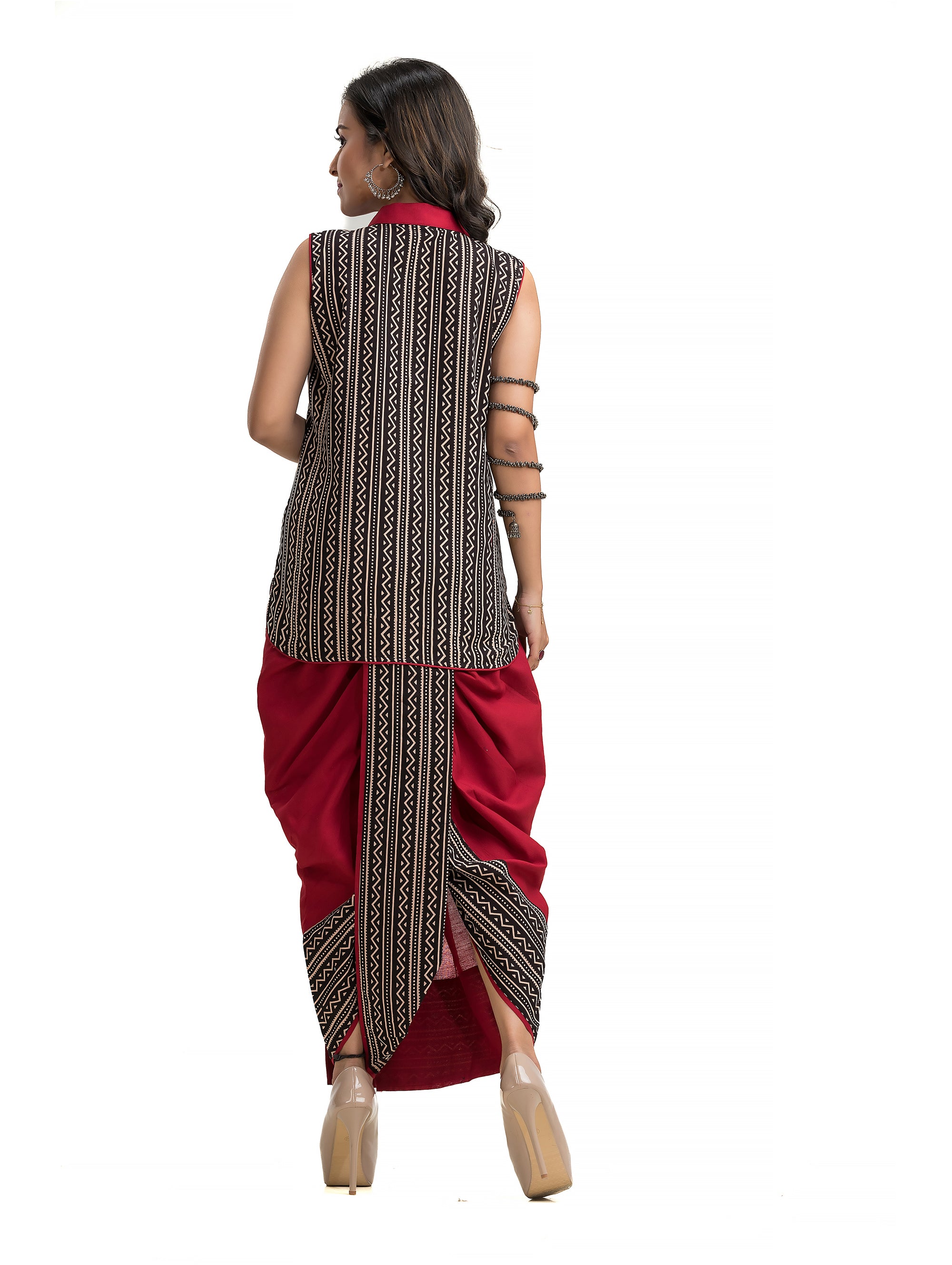 Black Stripe Ajrakh Pattern Maroon Dhoti Co-Ord Set - Crazy Needle Online