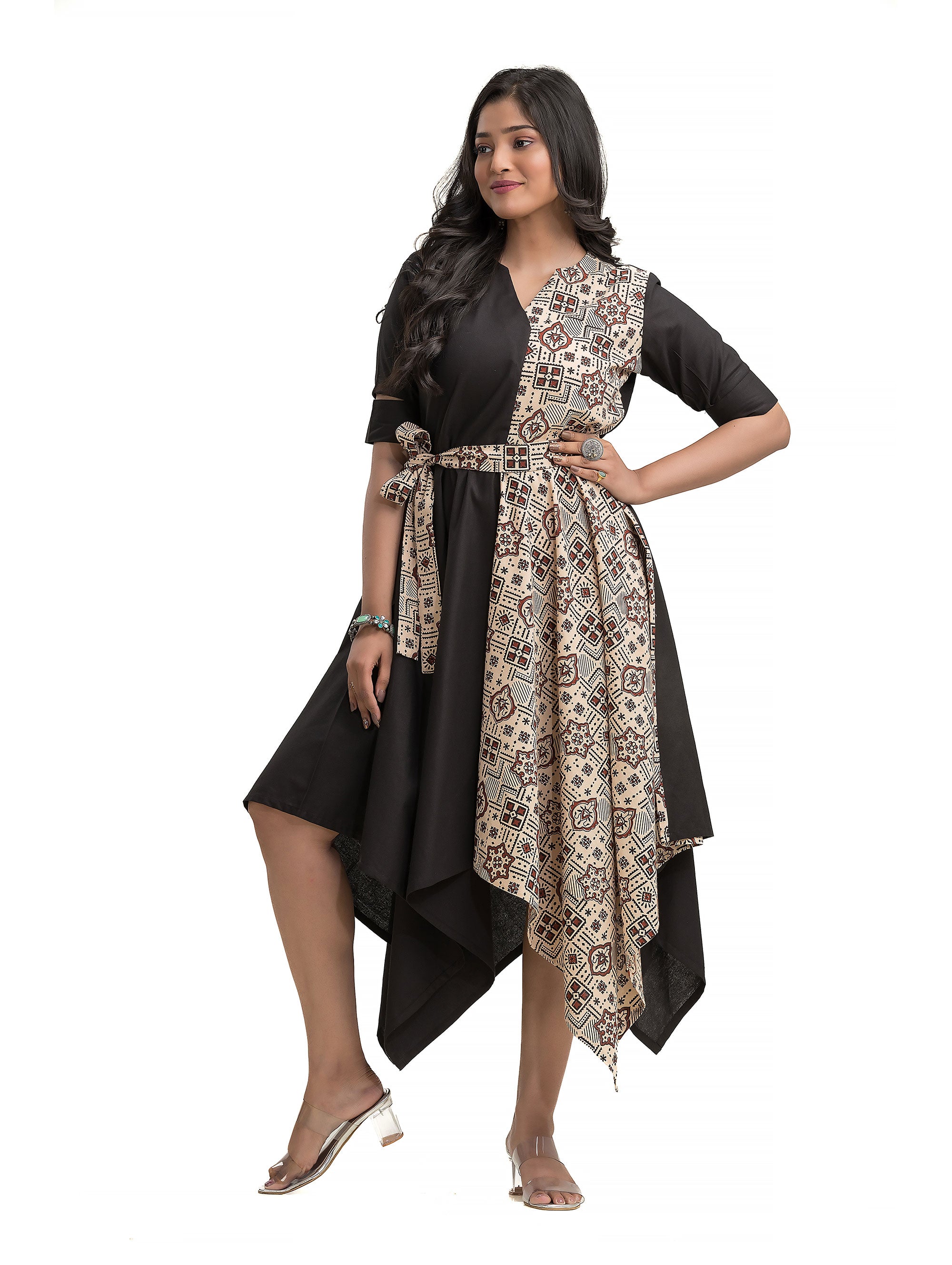 Handkerchief Cut Dress with Off White Ajrakh Print