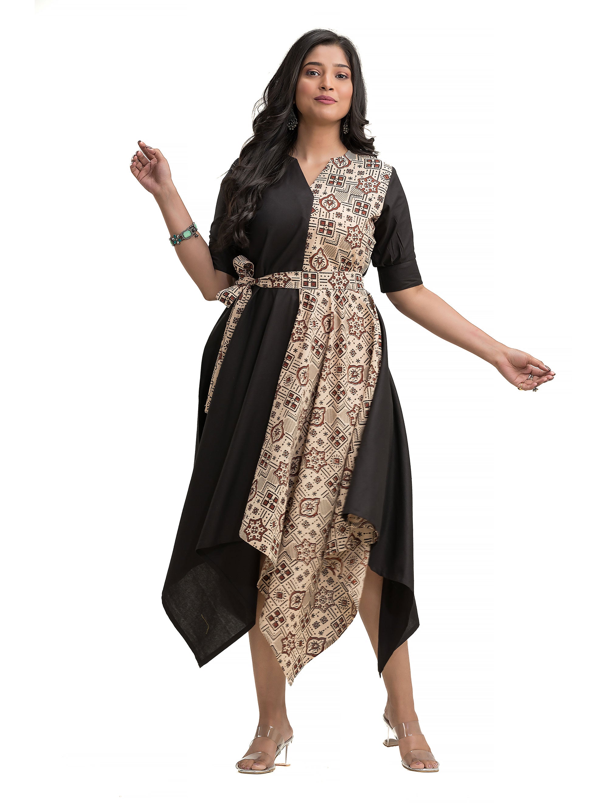 Handkerchief Cut Dress with Off White Ajrakh Print