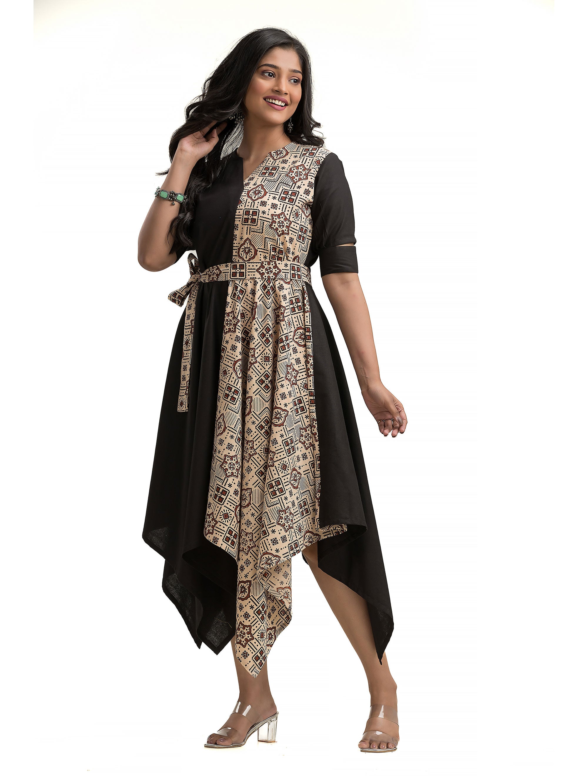 Handkerchief Cut Dress with Off White Ajrakh Print
