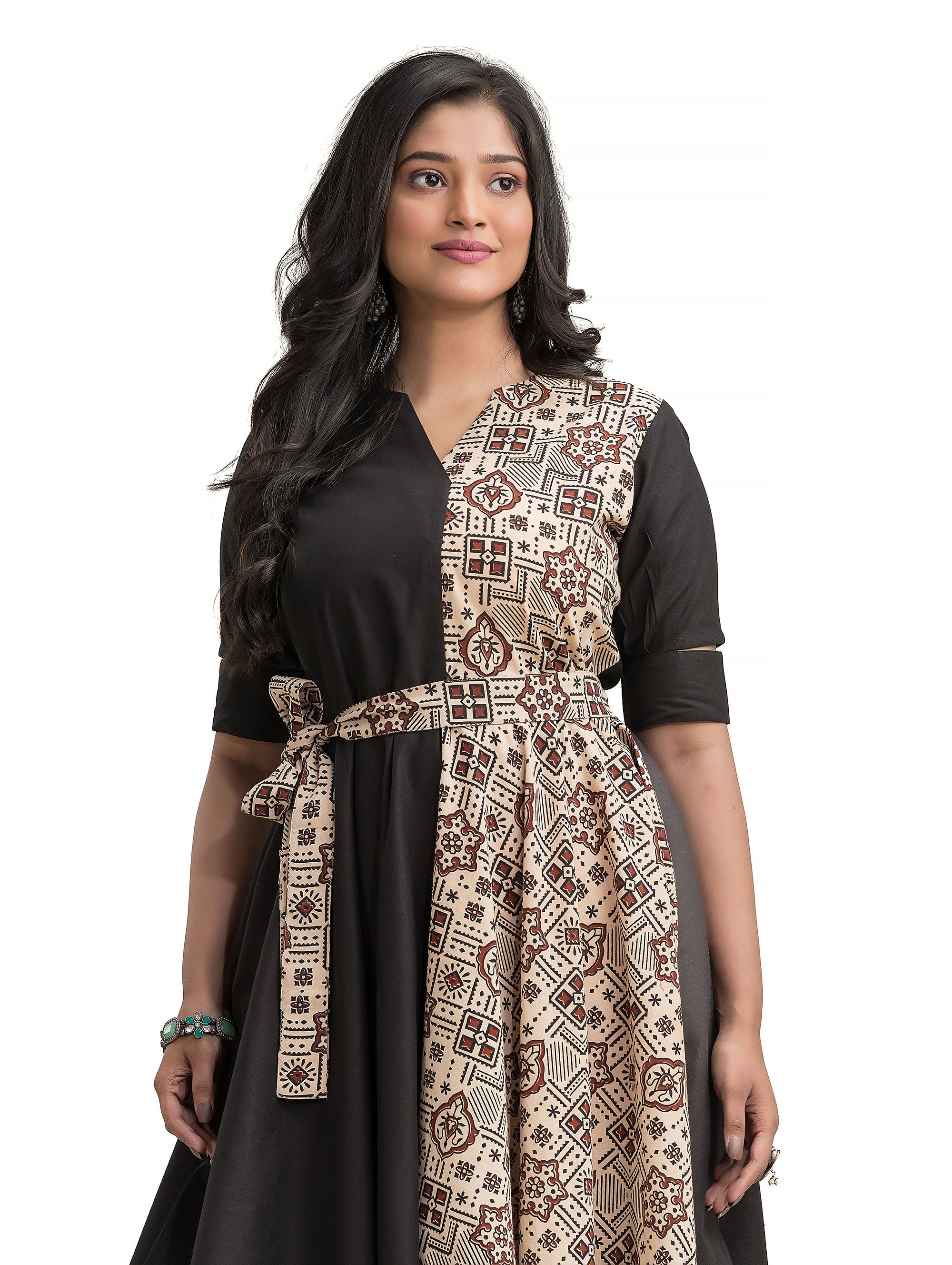 Handkerchief Cut Dress with Off White Ajrakh Print