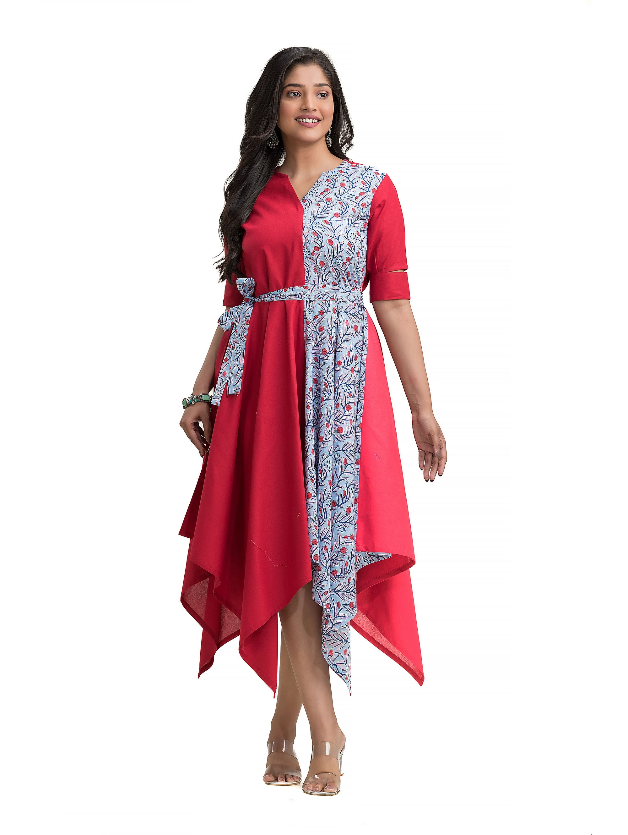 Maroon Handkerchief Dress with Floral Motif Print