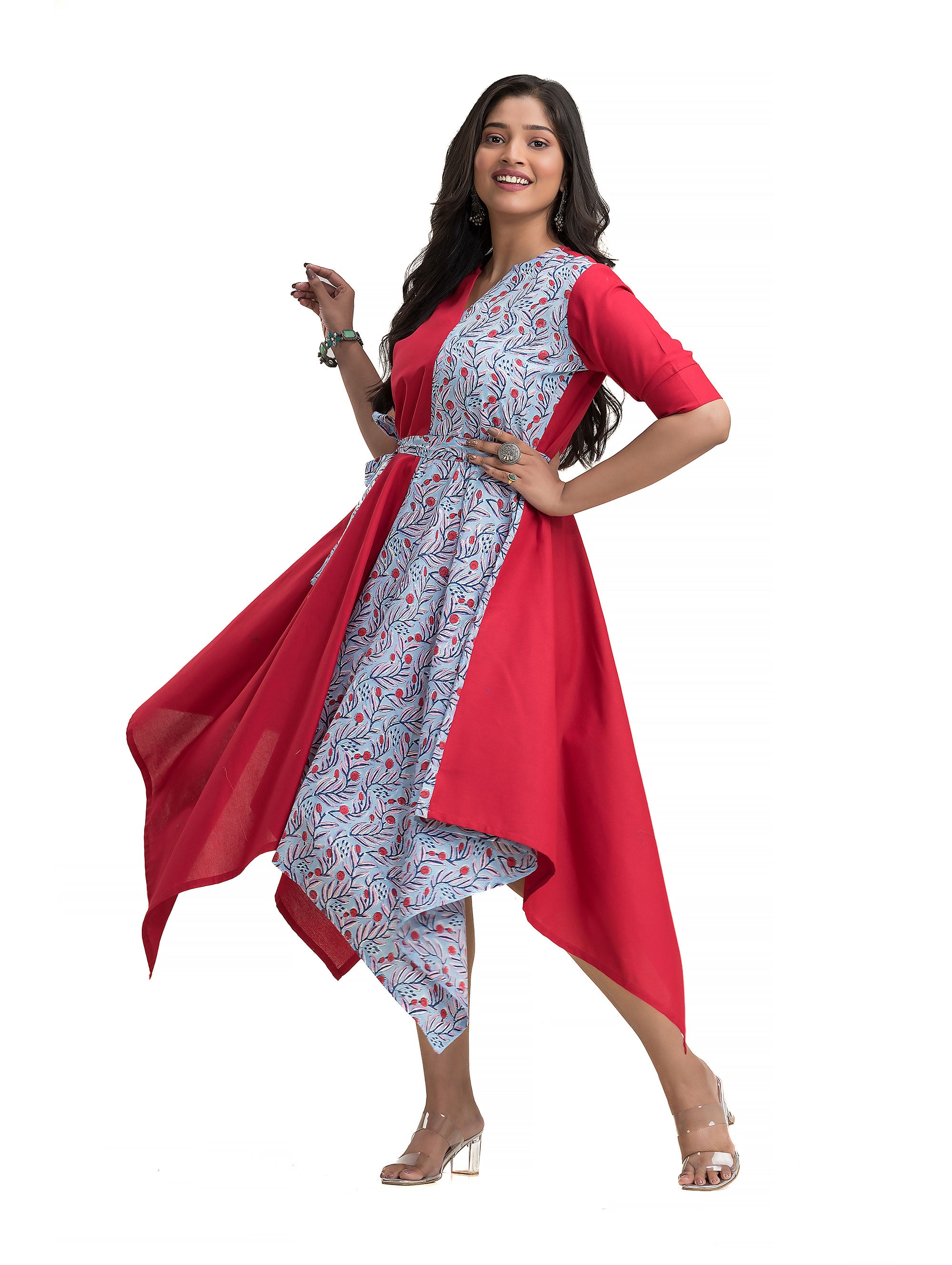 Maroon Handkerchief Dress with Floral Motif Print