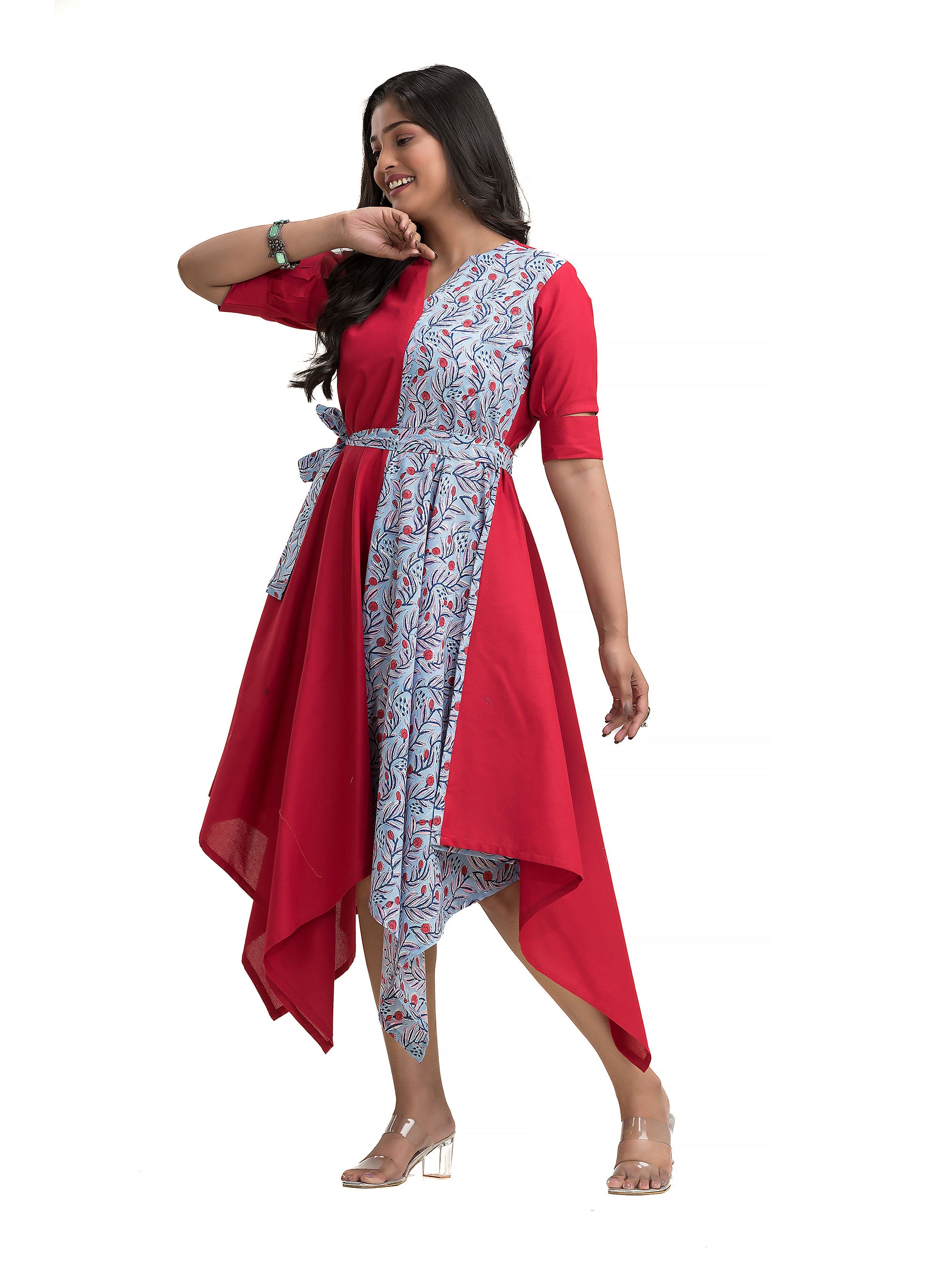 Maroon Handkerchief Dress with Floral Motif Print - Crazy Needle Online