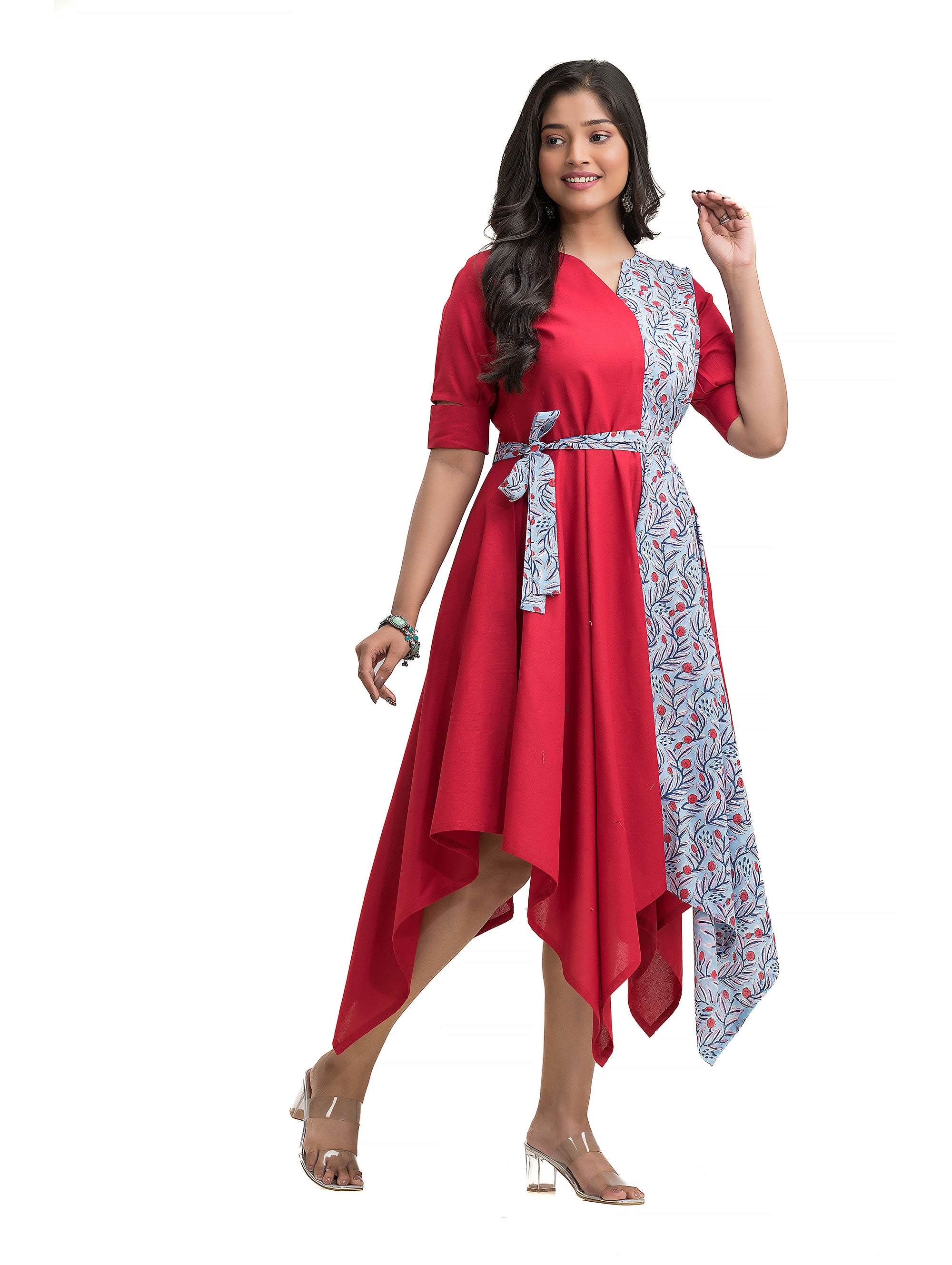 Maroon Handkerchief Dress with Floral Motif Print