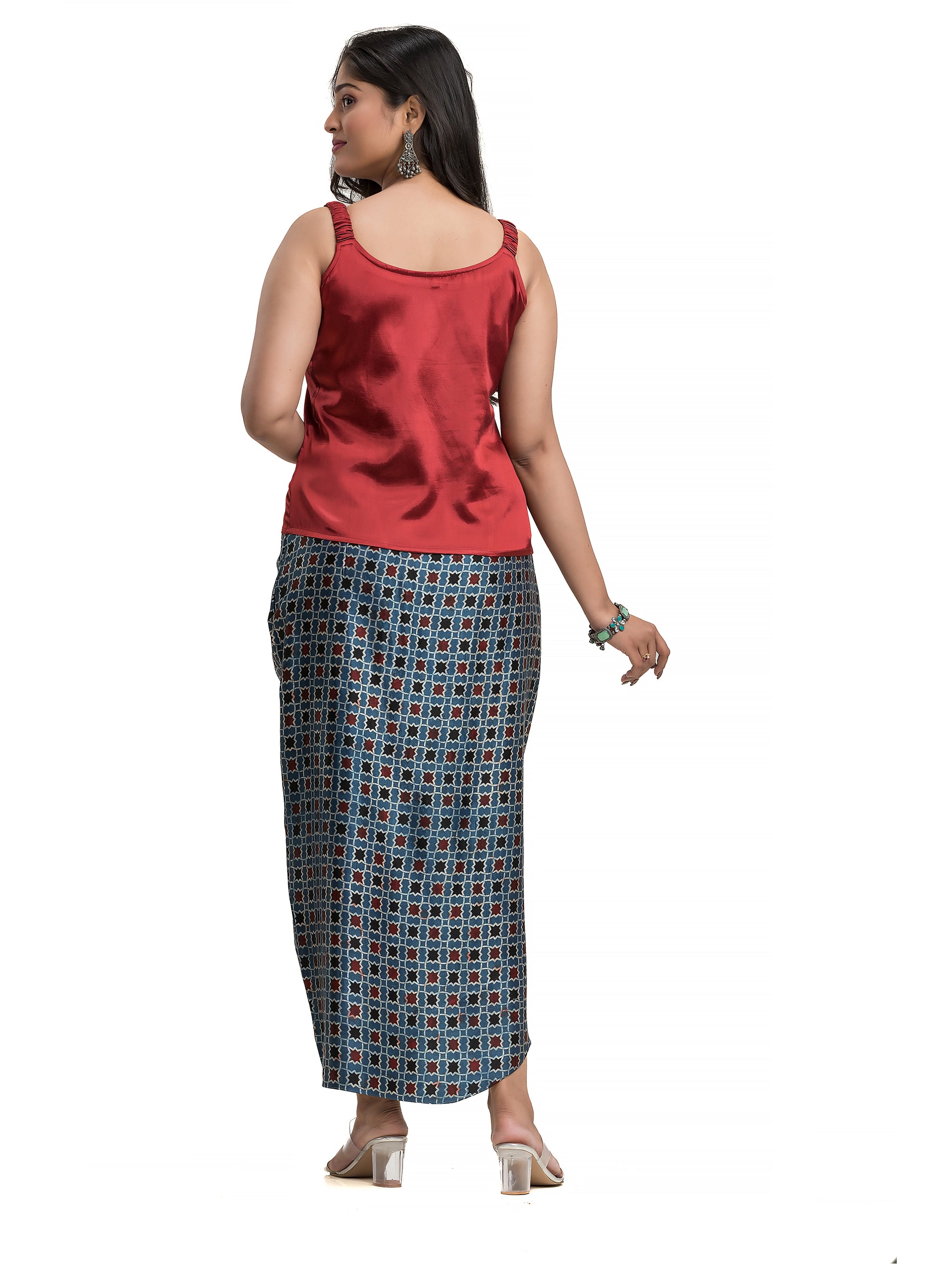 Blue Sarang Skirt with Maroon Noodle Top