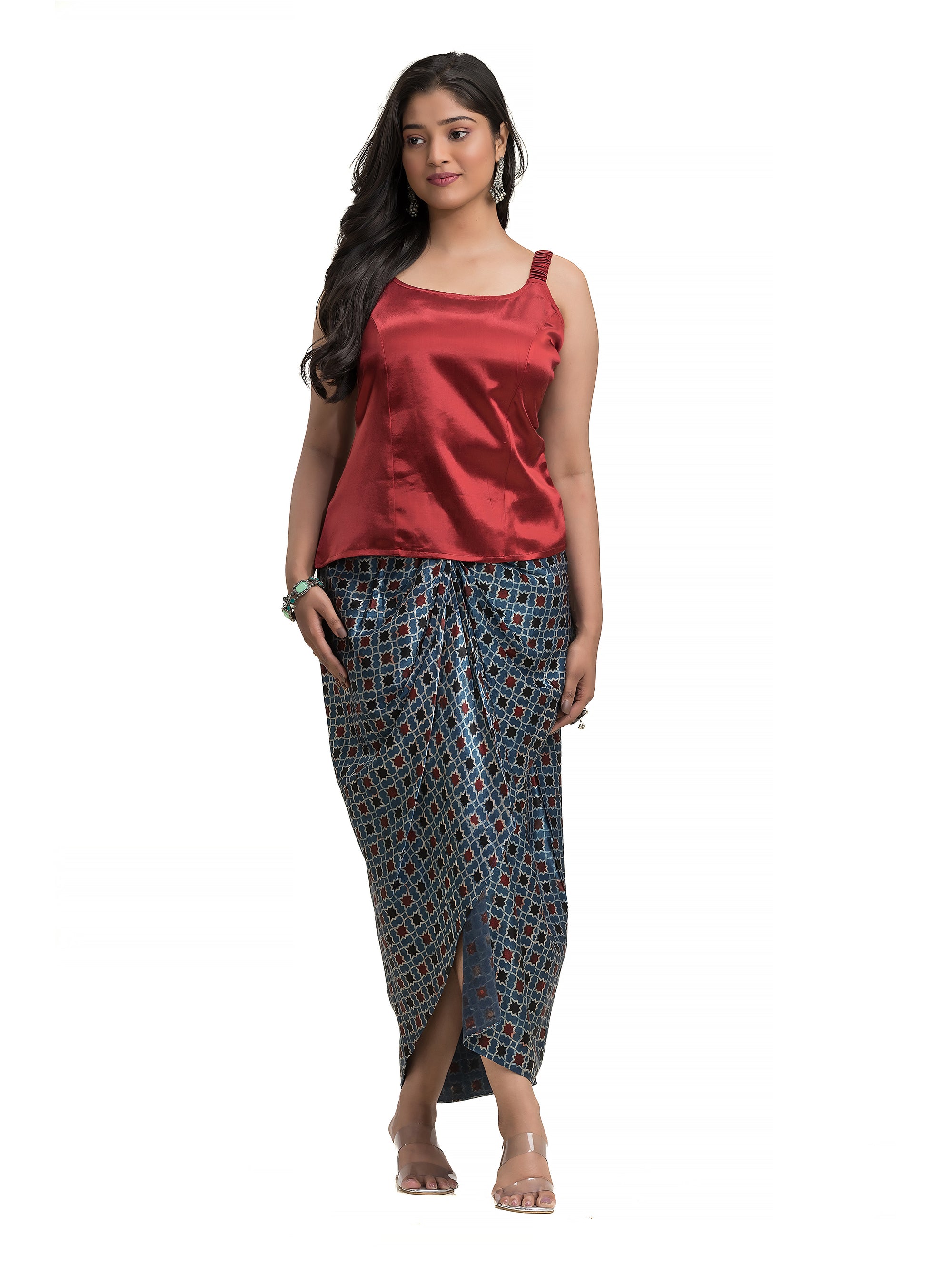 Blue Sarang Skirt with Maroon Noodle Top