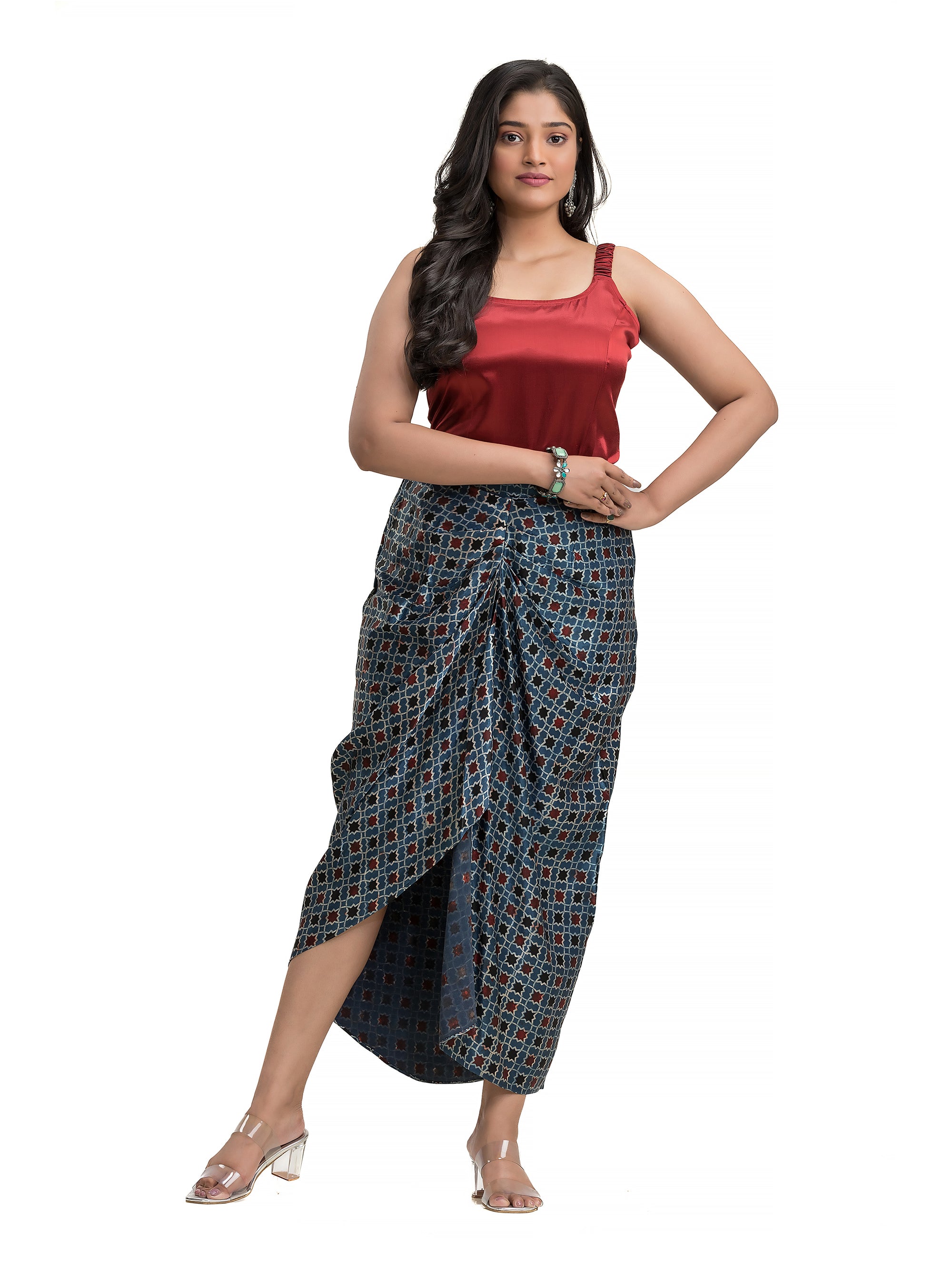Blue Sarang Skirt with Maroon Noodle Top