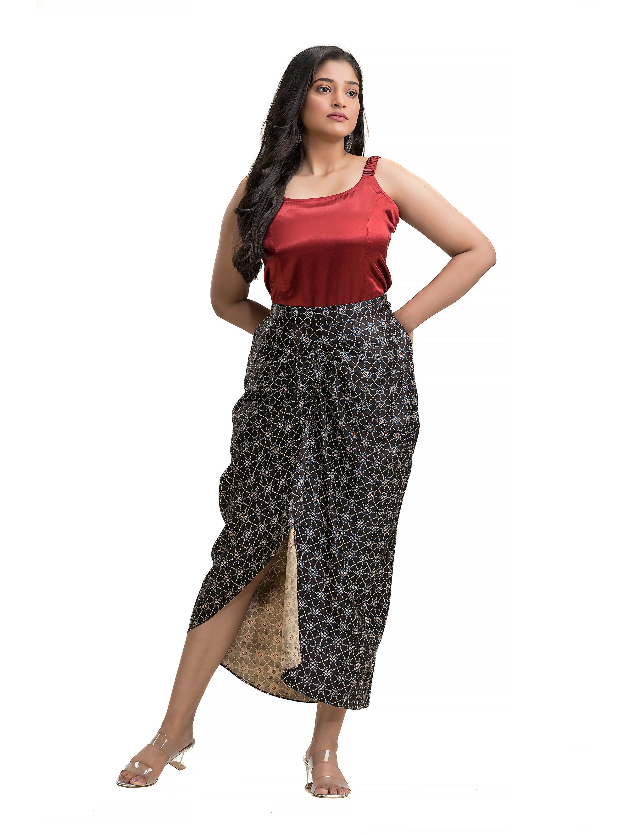 Sarang Skirt in Black Ajrakh Block Print with Solid Colour Noodle Top