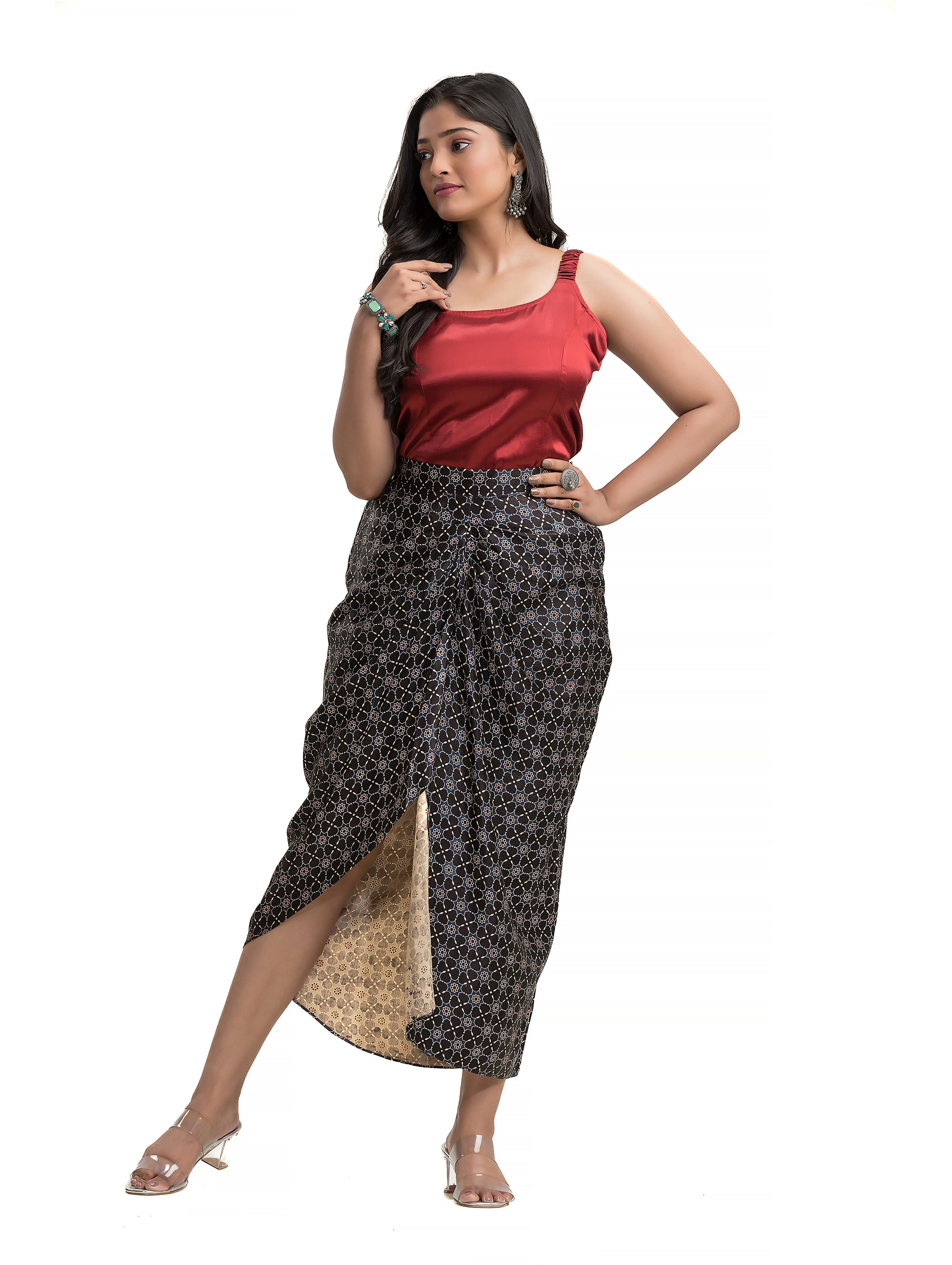 Sarang Skirt in Black Ajrakh Block Print with Solid Colour Noodle Top