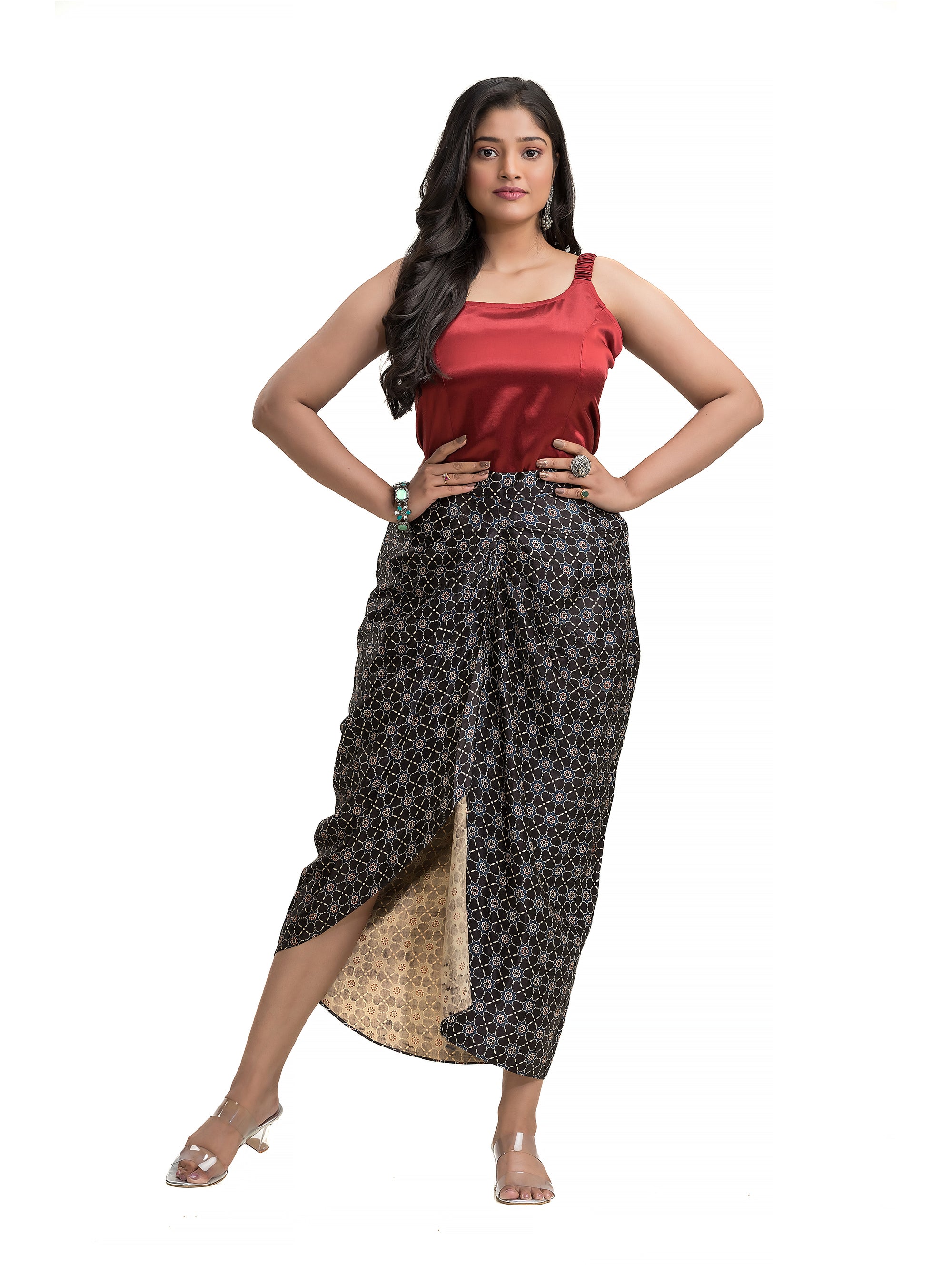 Sarang Skirt in Black Ajrakh Block Print with Solid Colour Noodle Top