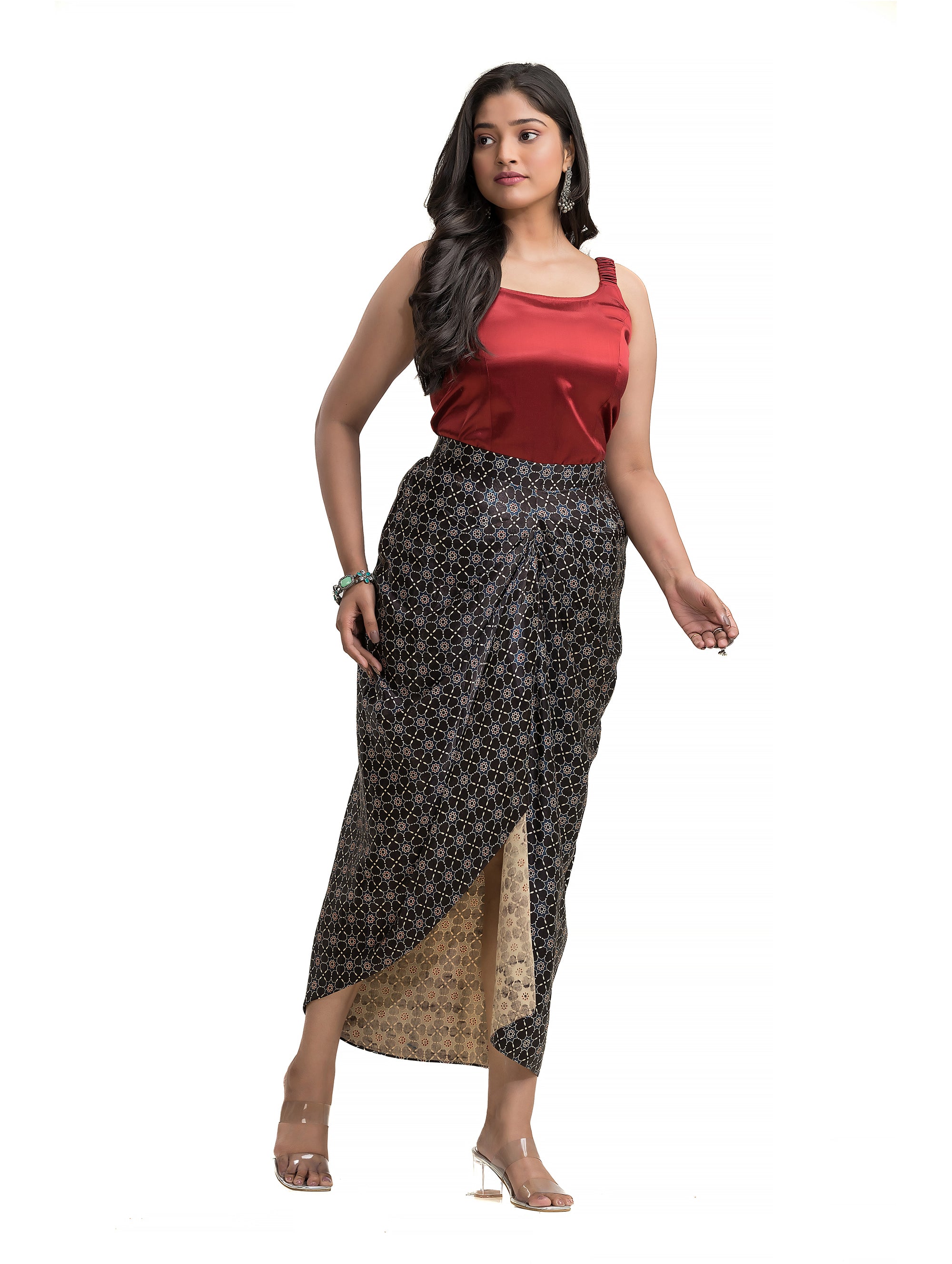 Sarang Skirt in Black Ajrakh Block Print with Solid Colour Noodle Top