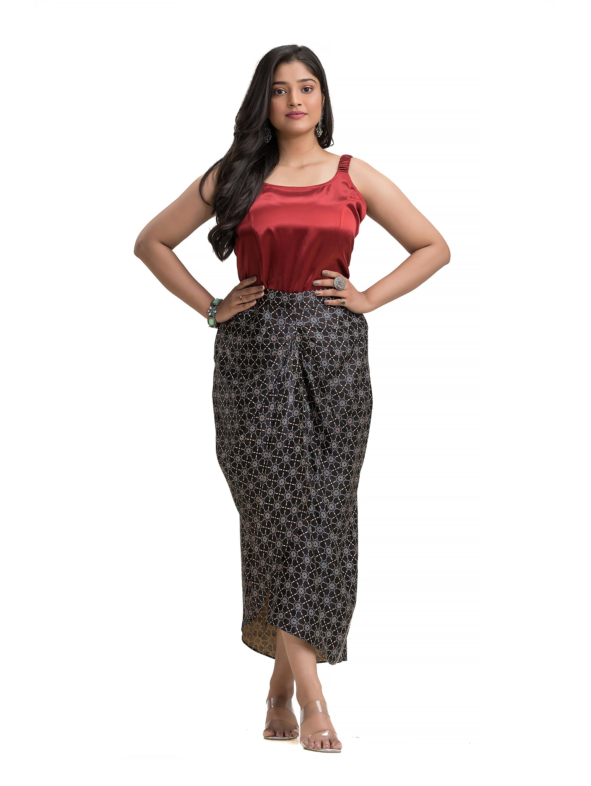 Sarang Skirt in Black Ajrakh Block Print with Solid Colour Noodle Top