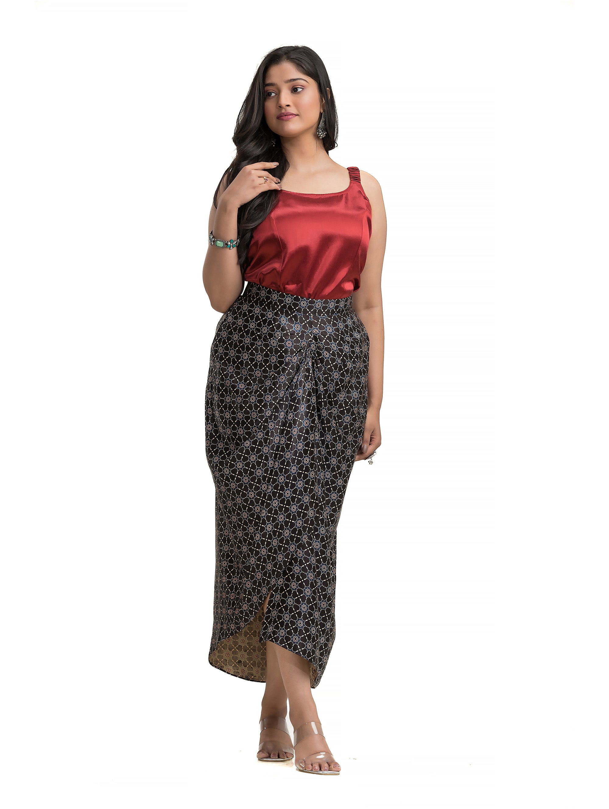 Sarang Skirt in Black Ajrakh Block Print with Solid Colour Noodle Top
