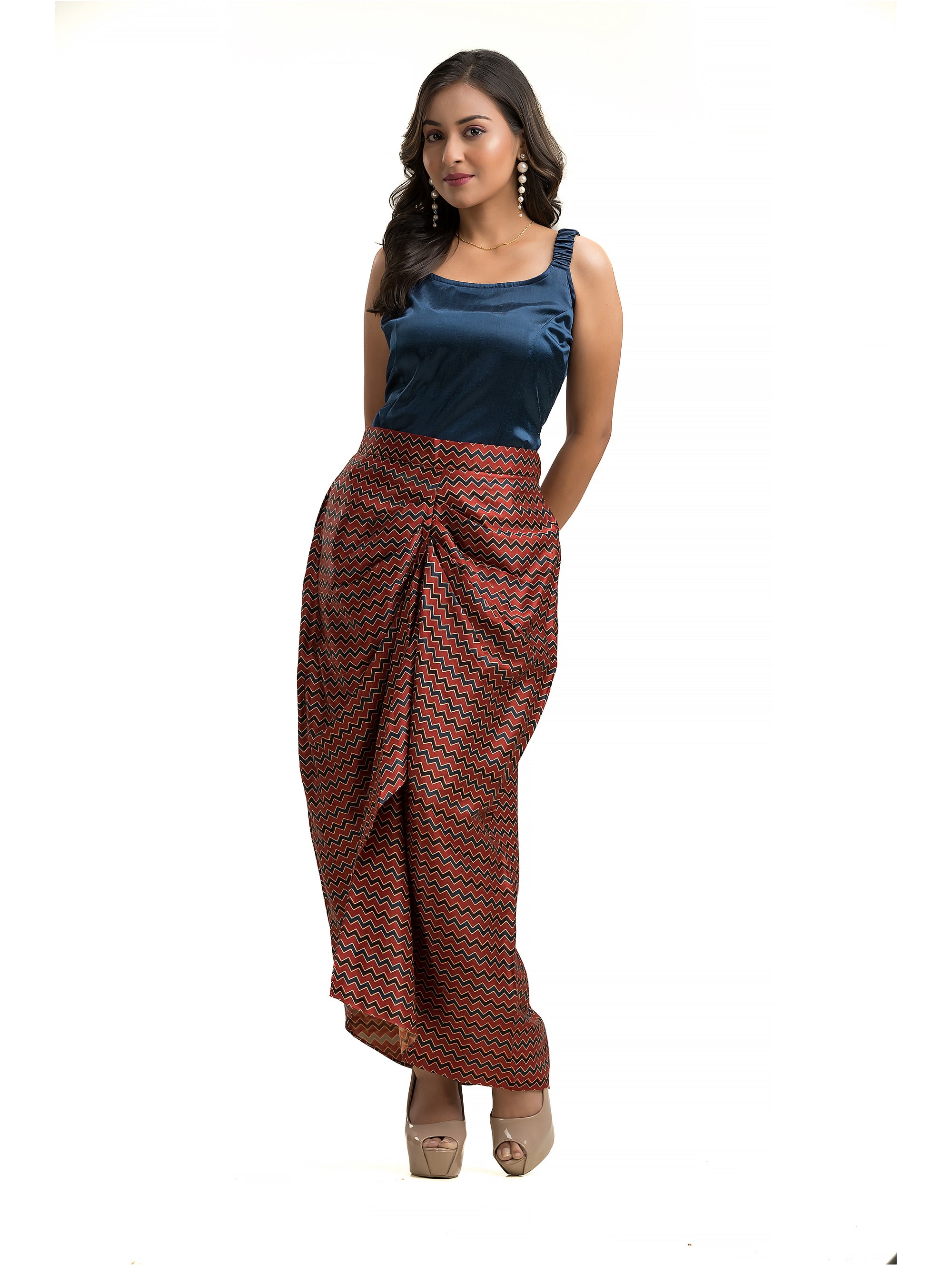 Maroon Geometric Printed Sarang Skirt with Blue Noodle Top