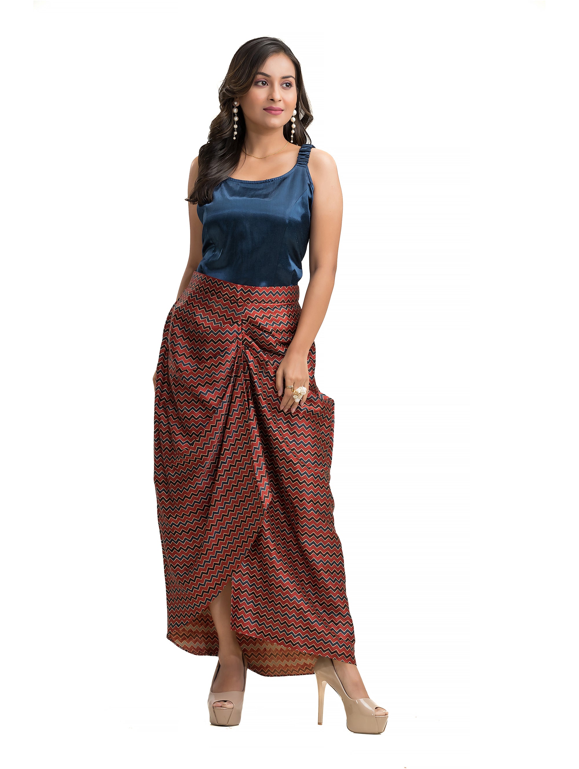Maroon Geometric Printed Sarang Skirt with Blue Noodle Top