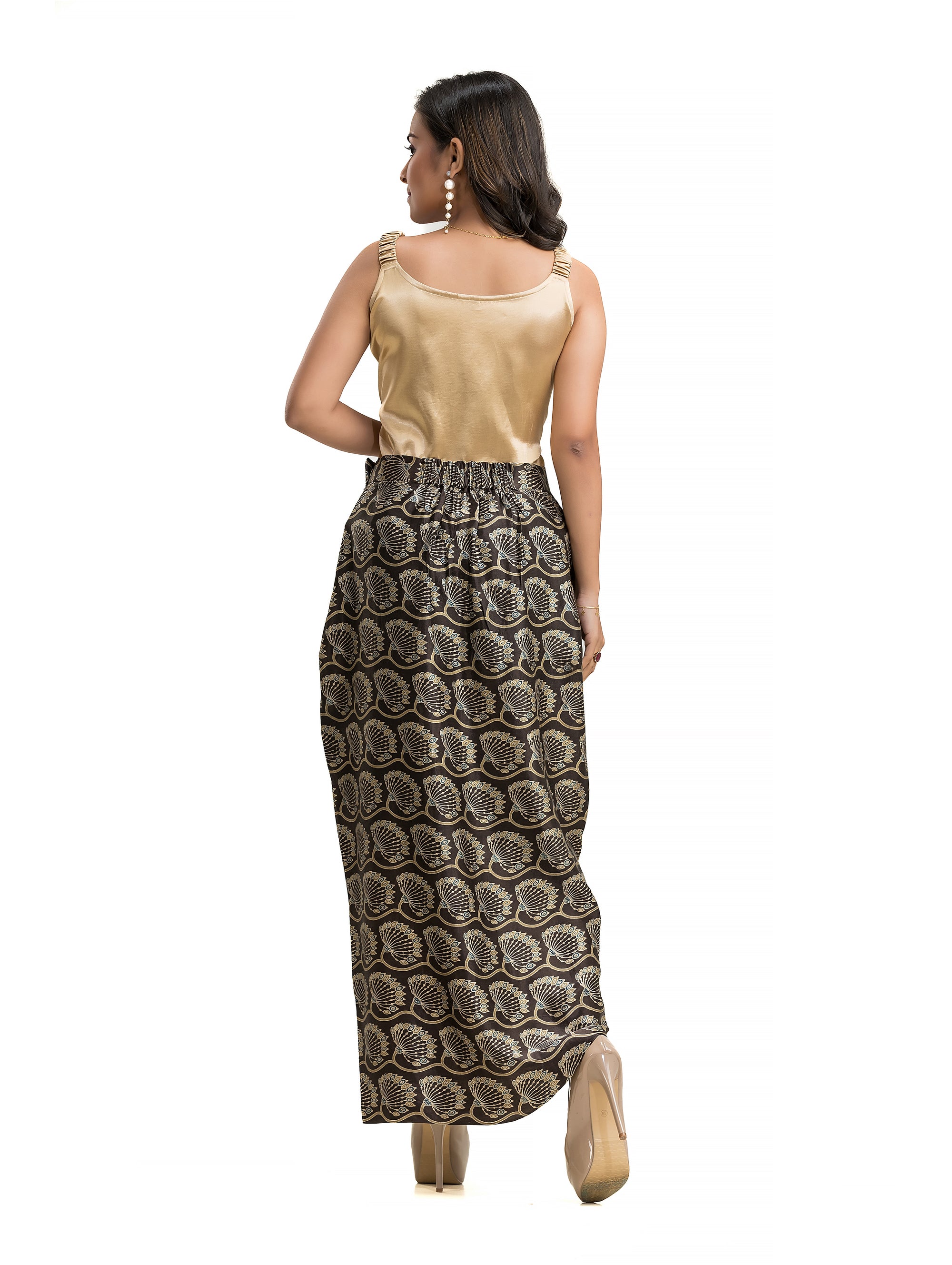 Sarang Skirt in Coffee Color Ajrakh Block Print with Solid Colour Noodle Top