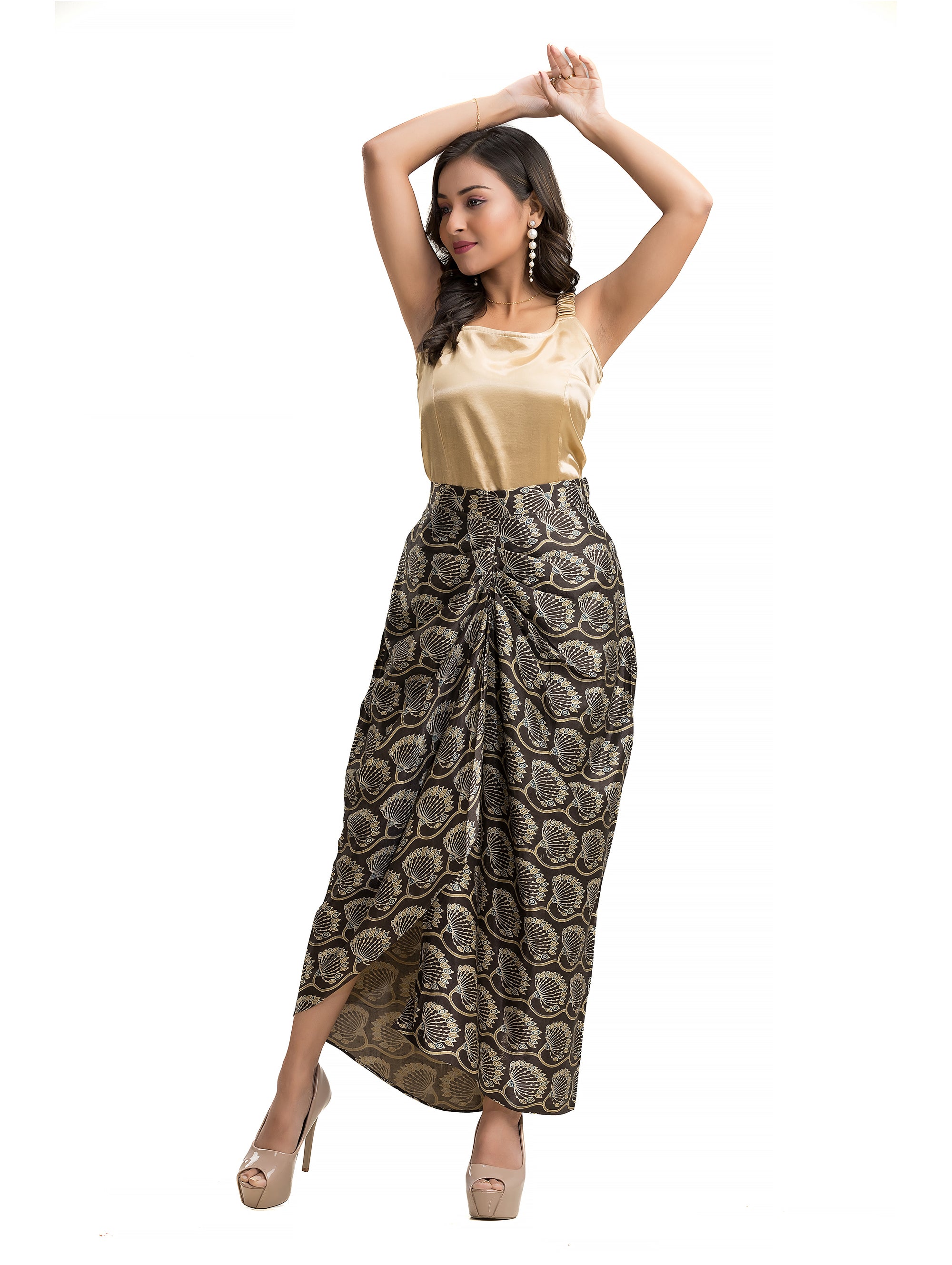 Sarang Skirt in Coffee Color Ajrakh Block Print with Solid Colour Noodle Top