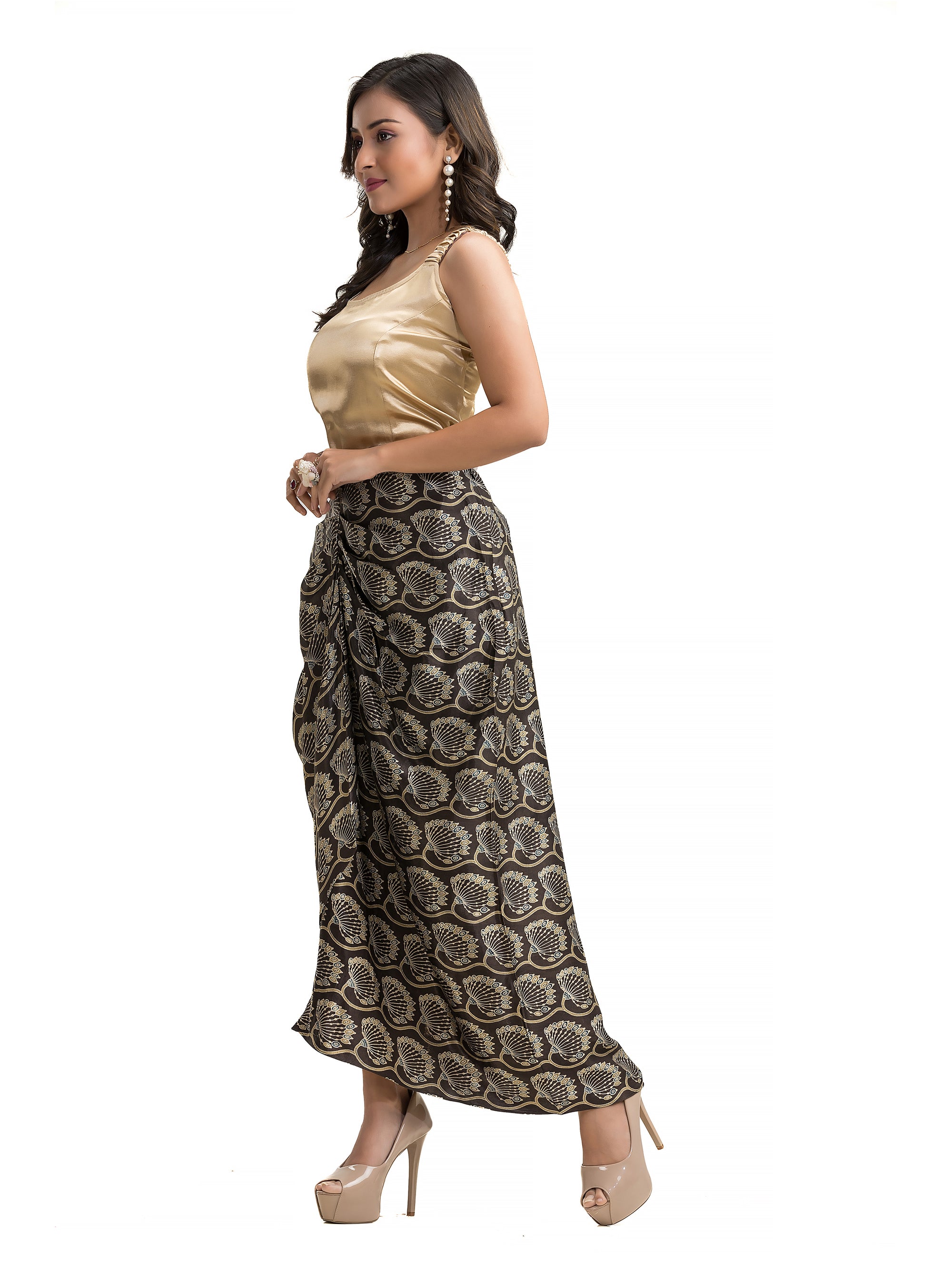 Sarang Skirt in Coffee Color Ajrakh Block Print with Solid Colour Noodle Top