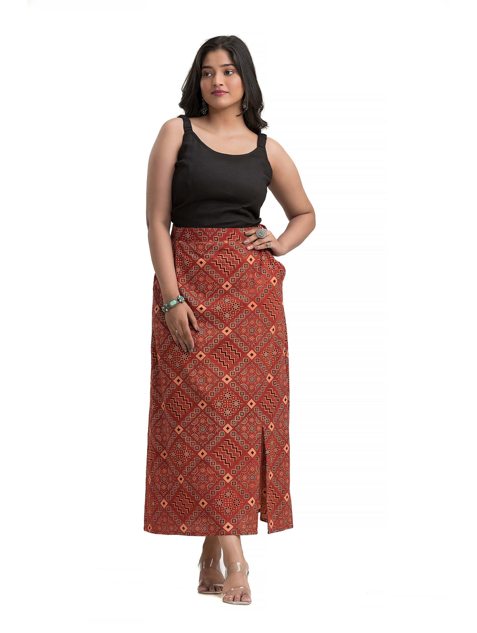 Ankle Length Ajrakh Maroon Pencil Skirt