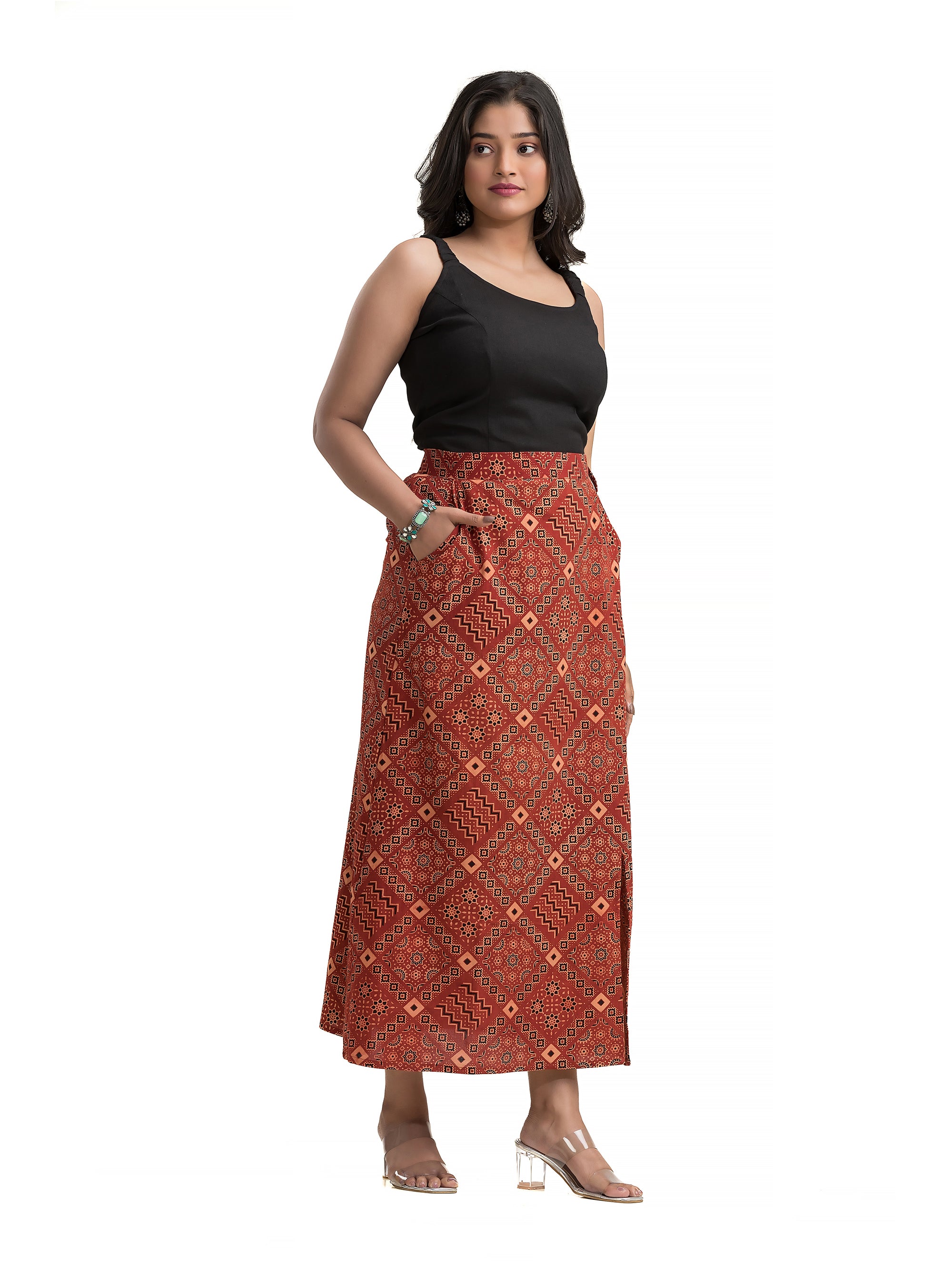 Ankle Length Ajrakh Maroon Pencil Skirt