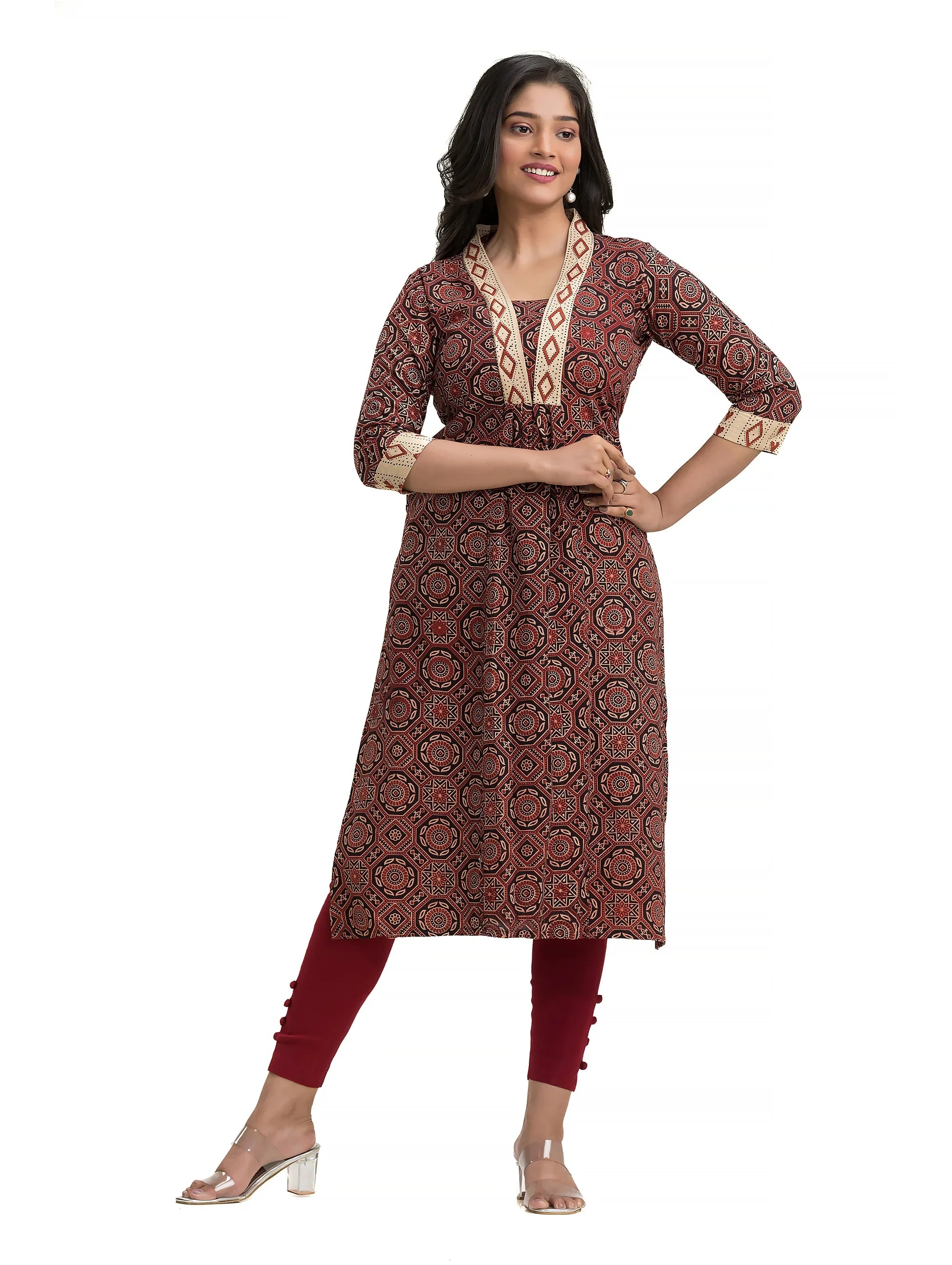 Hand Block Ajrakh Black Straight Kurti with V-Neck Patchwork