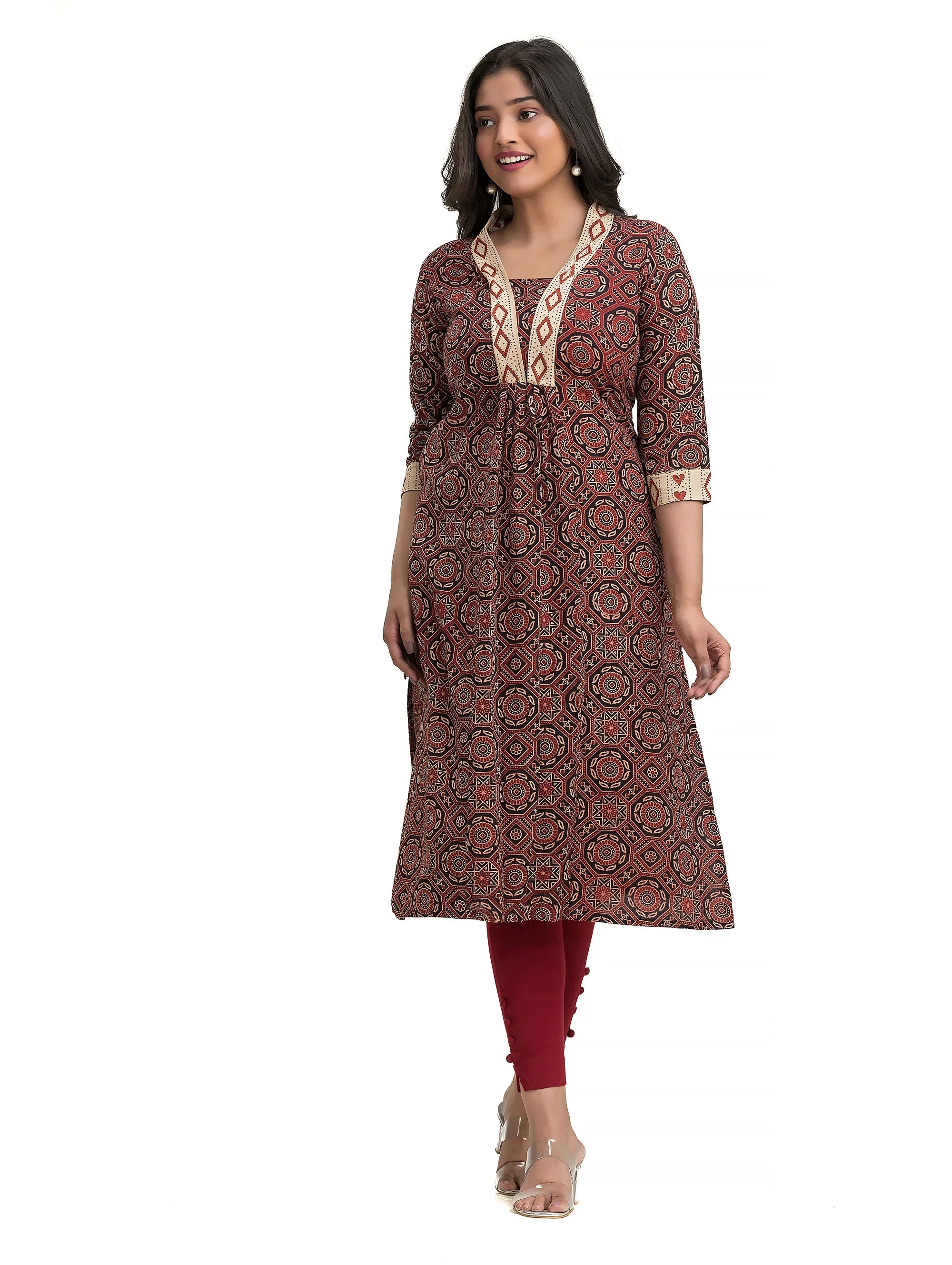 Hand Block Ajrakh Black Straight Kurti with V-Neck Patchwork
