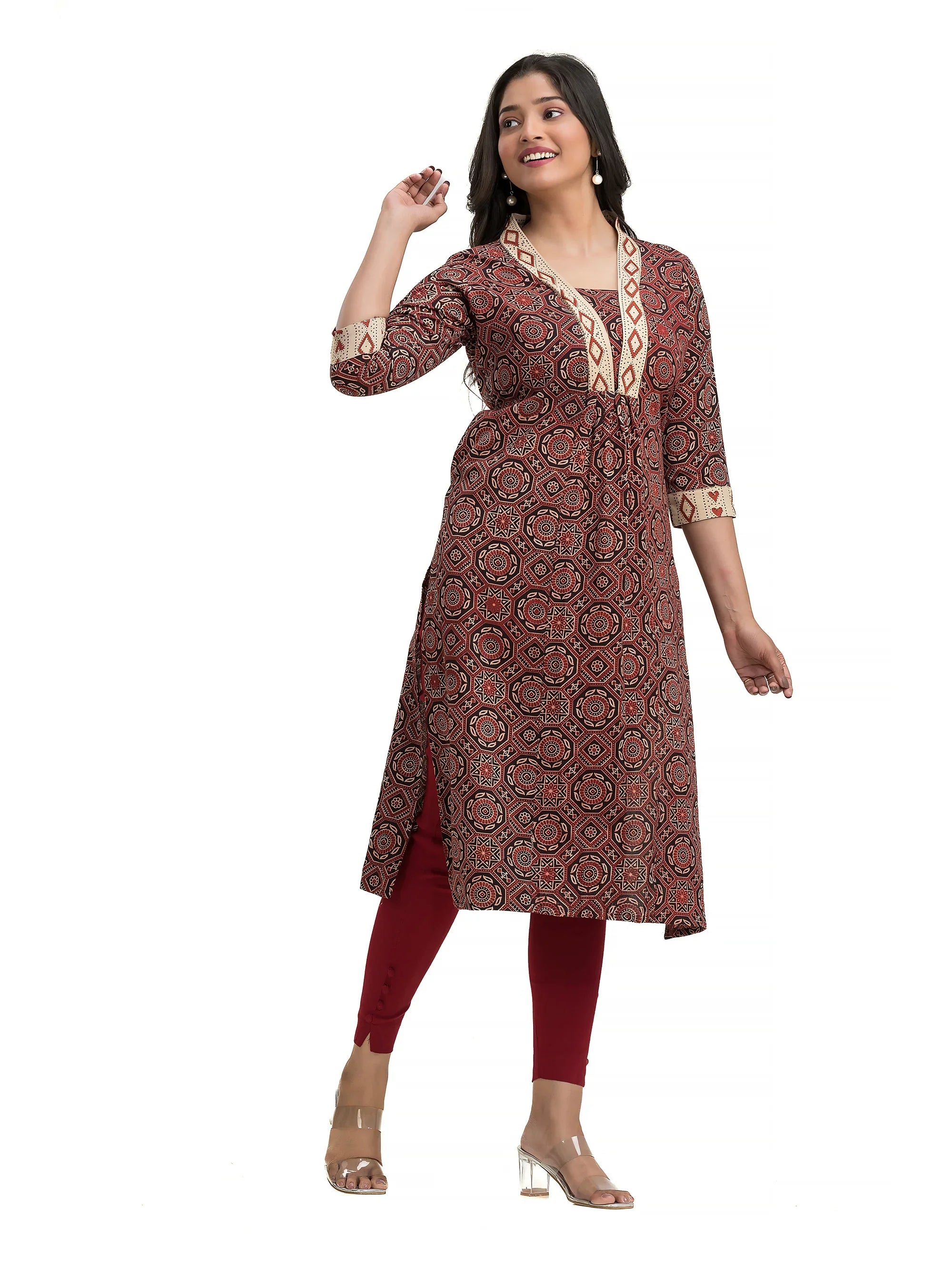 Hand Block Ajrakh Black Straight Kurti with V-Neck Patchwork