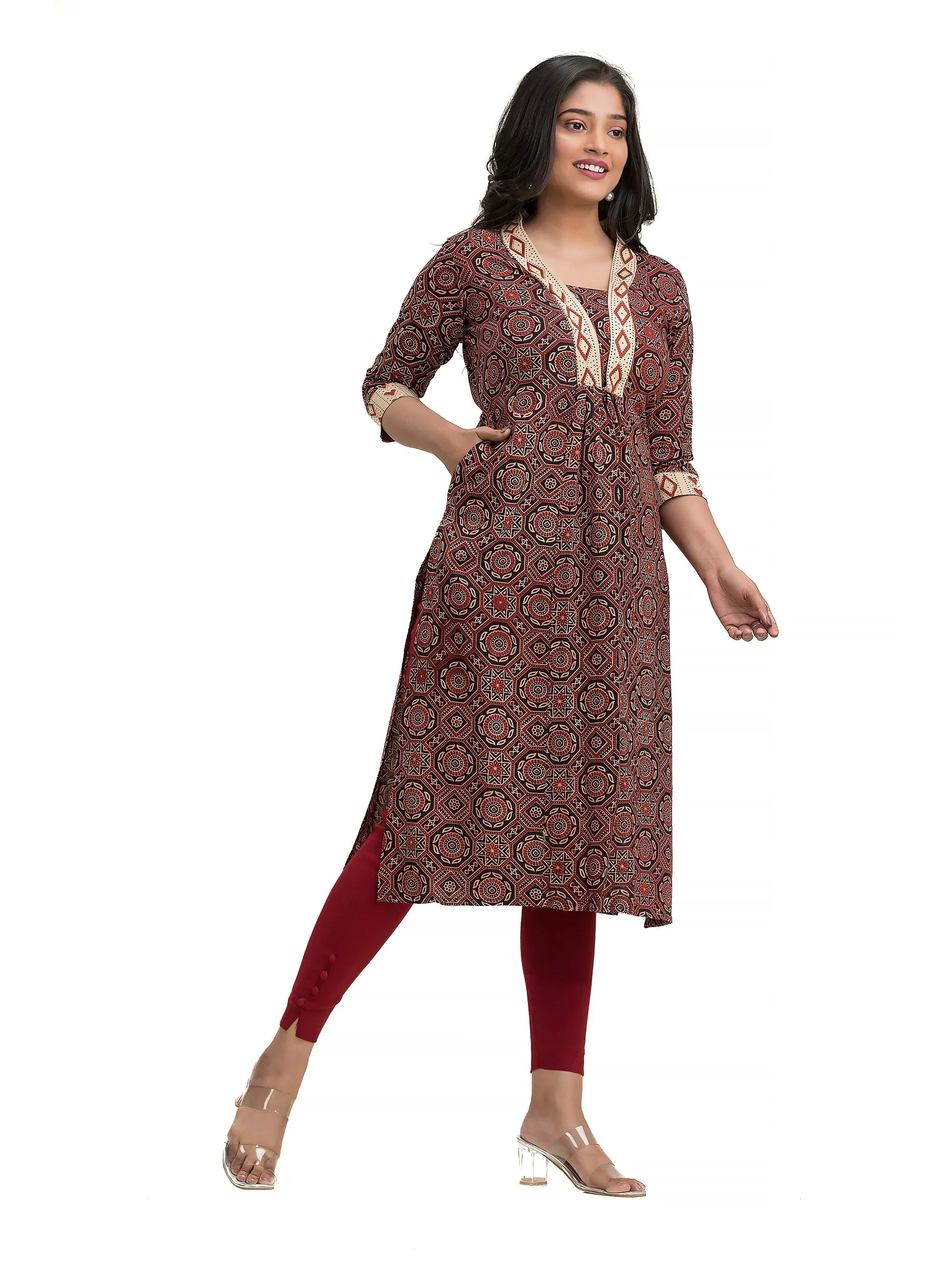 Hand Block Ajrakh Black Straight Kurti with V-Neck Patchwork