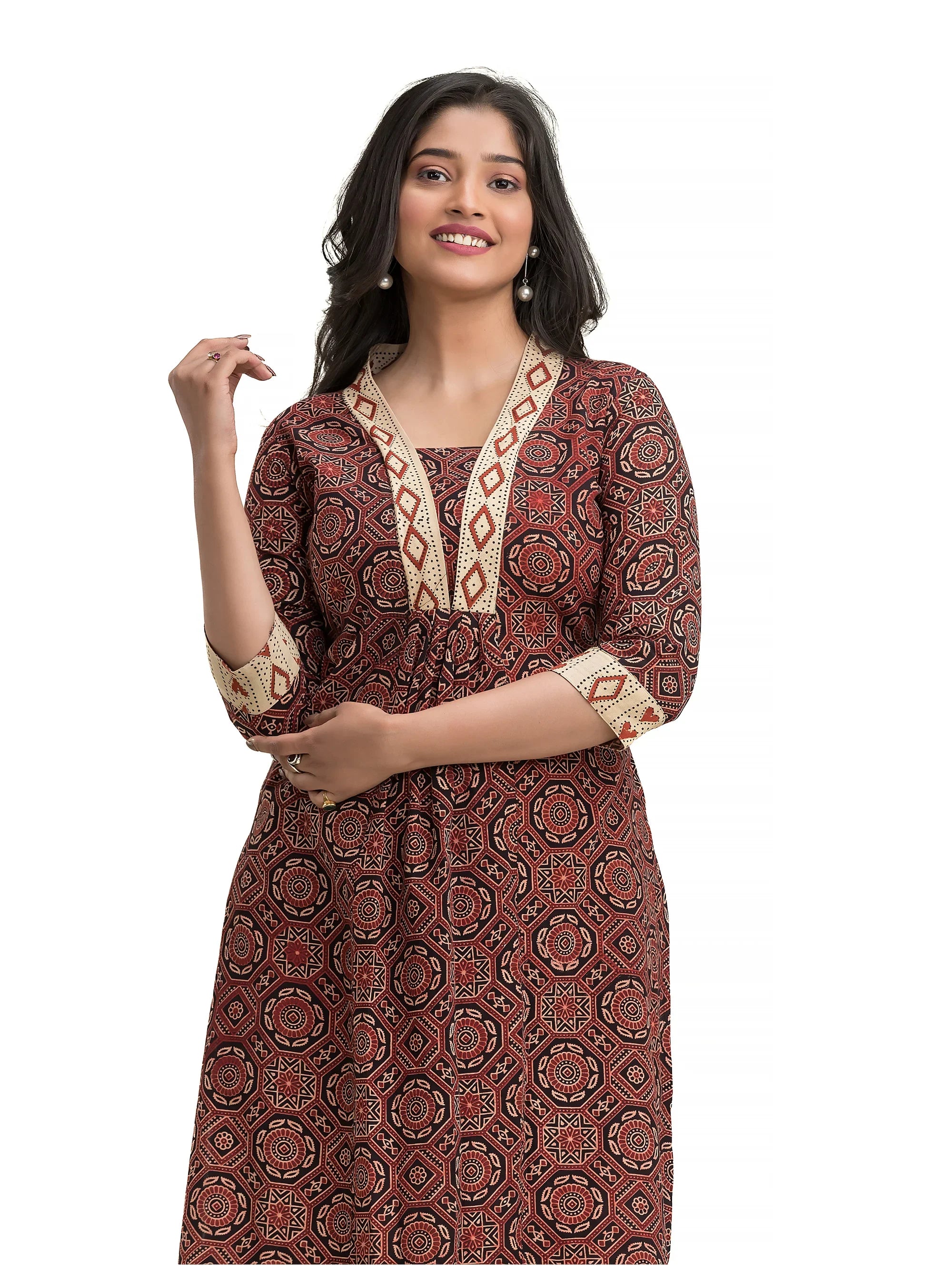 Hand Block Ajrakh Black Straight Kurti with V-Neck Patchwork