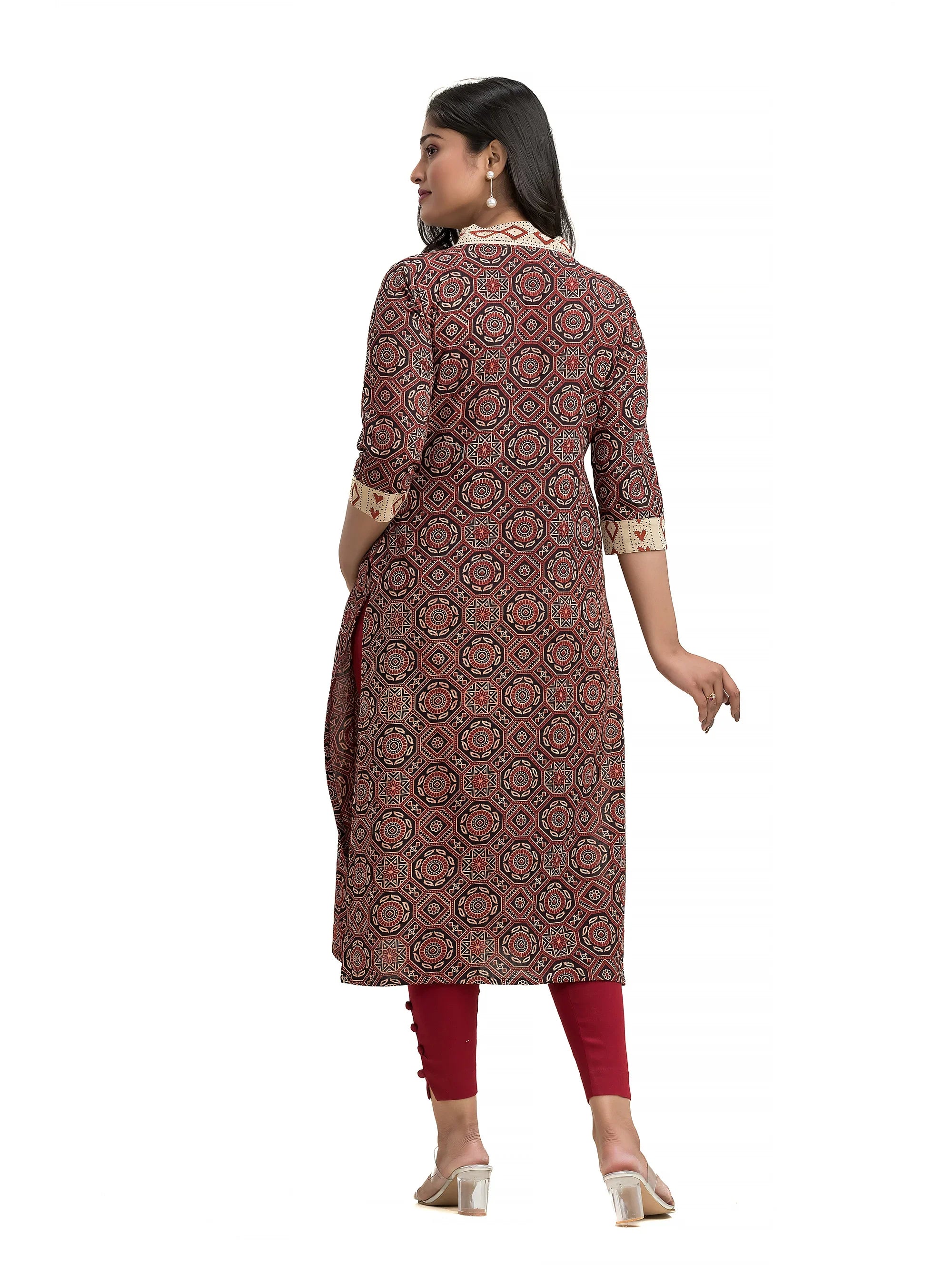 Hand Block Ajrakh Black Straight Kurti with V-Neck Patchwork