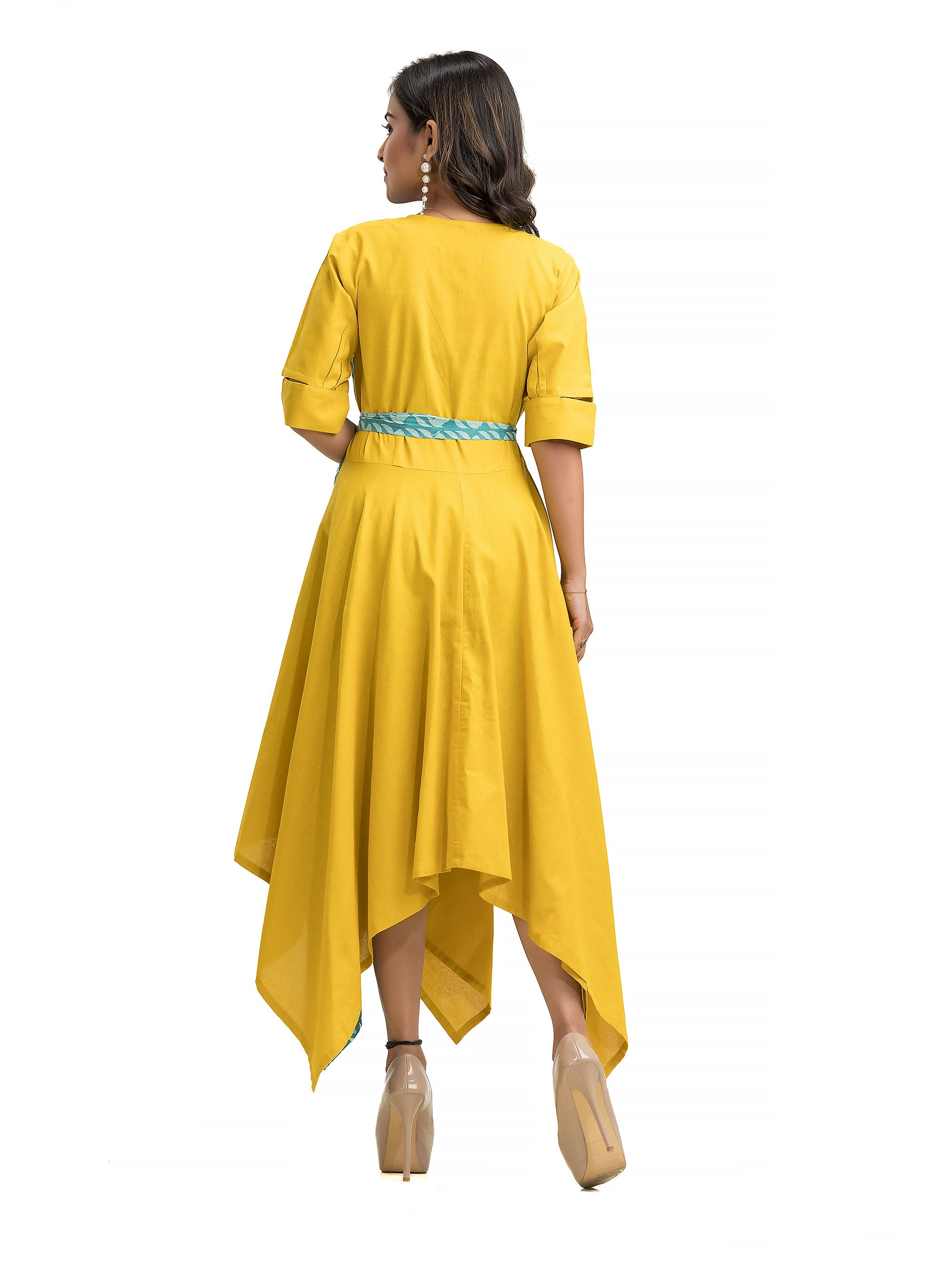 Dabu Hand Block Assymmetric Dress with Belt