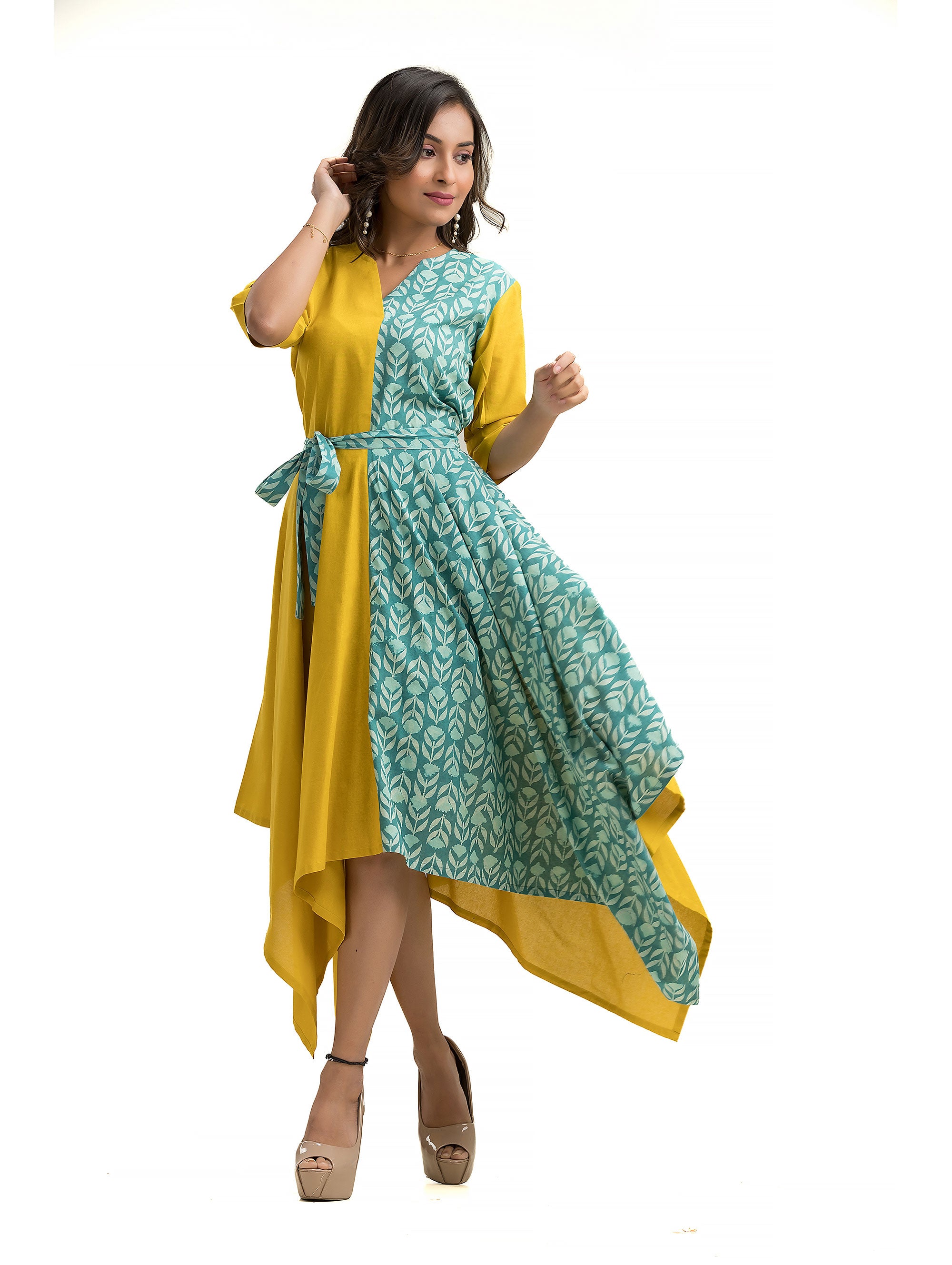 Dabu Hand Block Assymmetric Dress with Belt