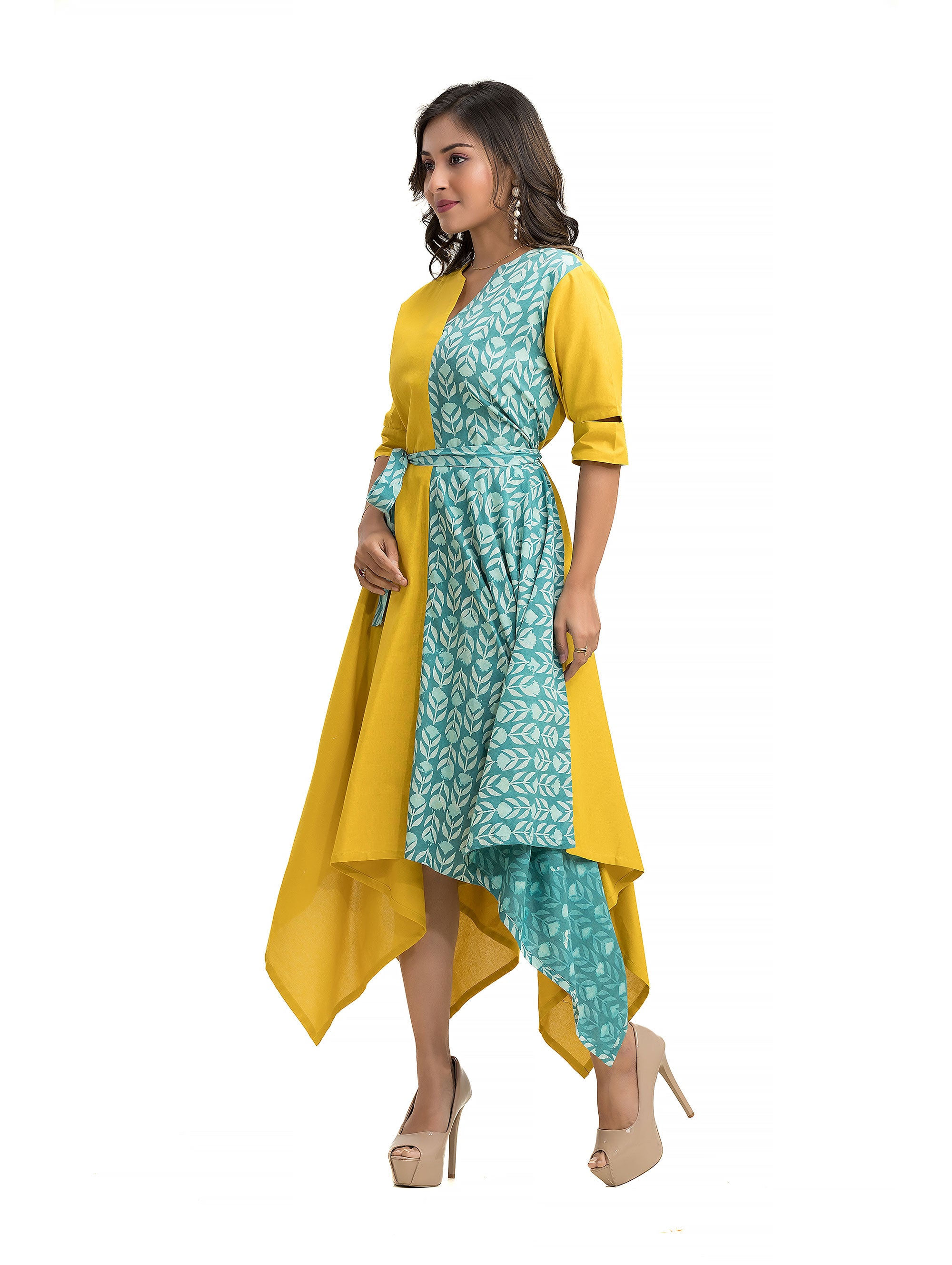 Dabu Hand Block Assymmetric Dress with Belt