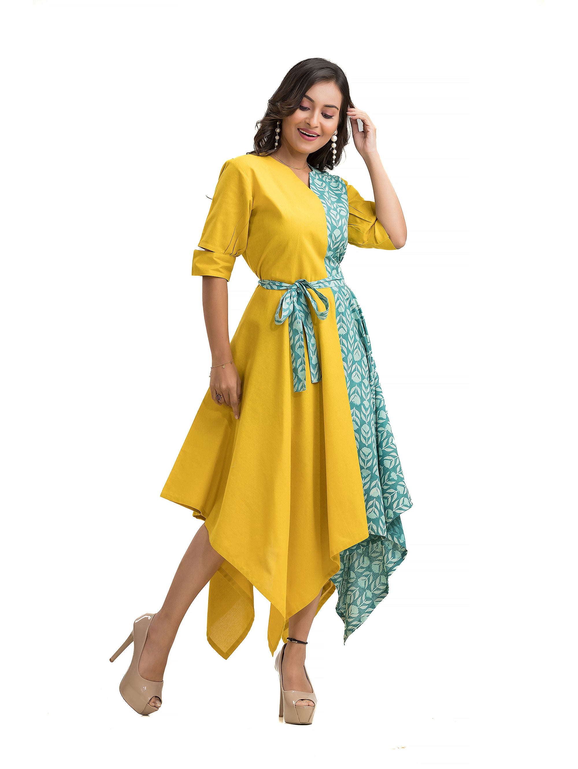 Dabu Hand Block Assymmetric Dress with Belt