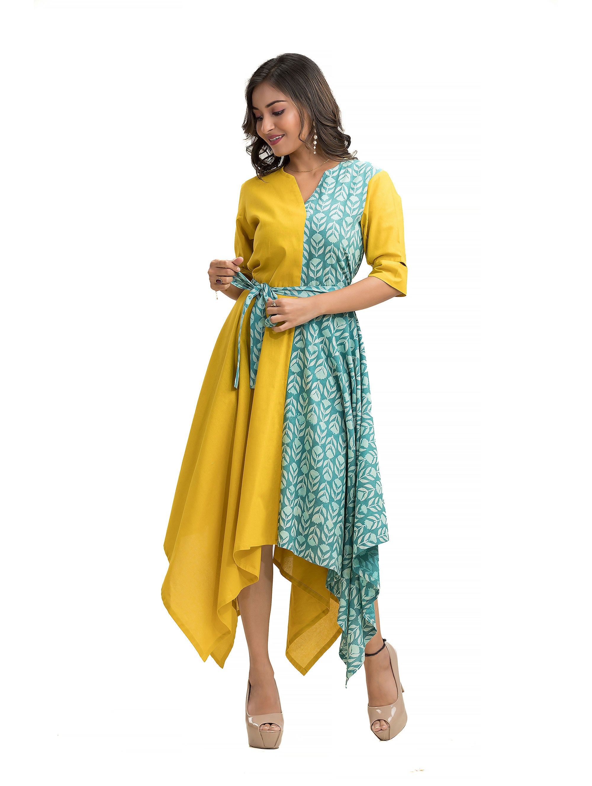 Dabu Hand Block Assymmetric Dress with Belt