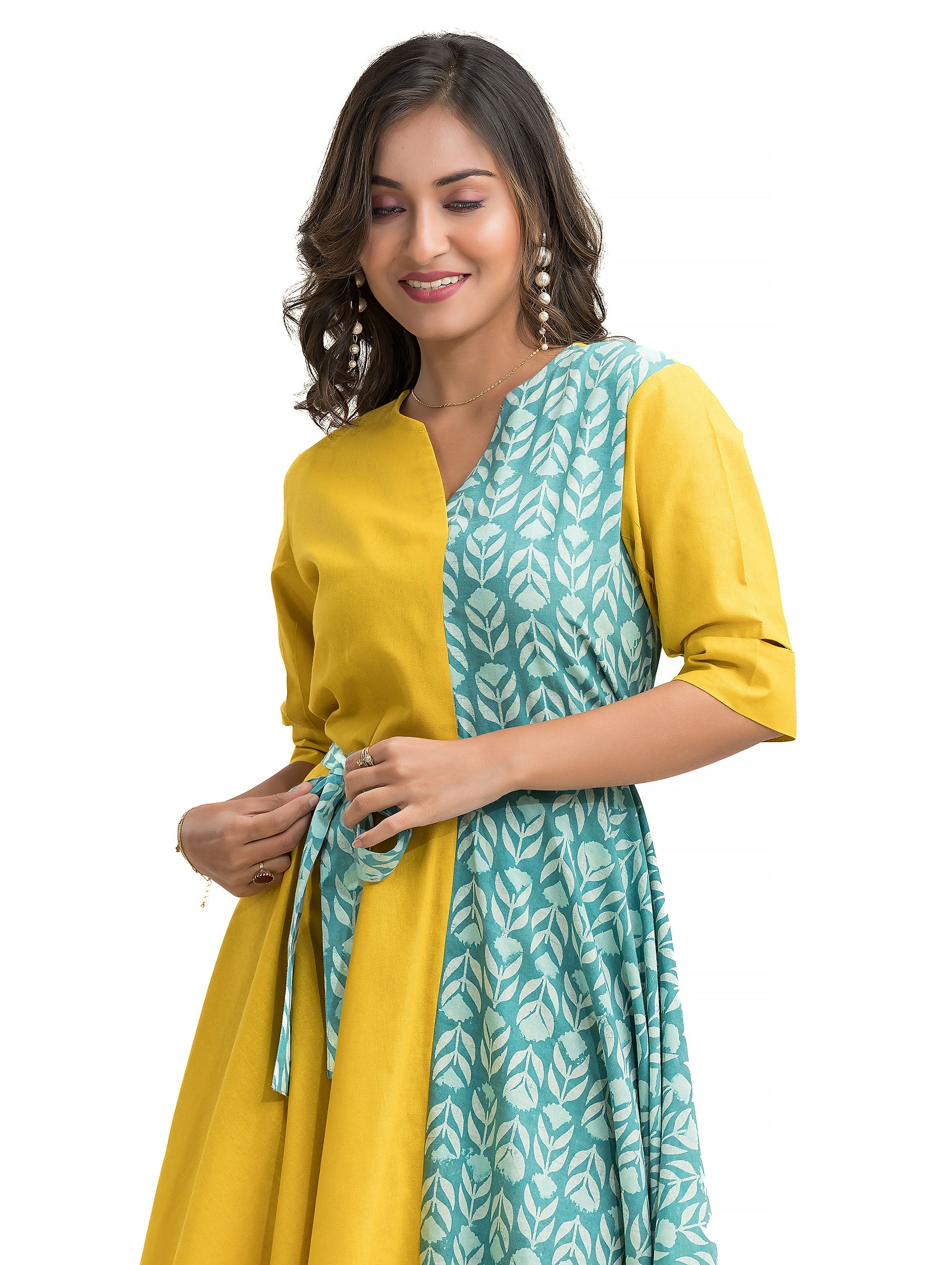 Dabu Hand Block Assymmetric Dress with Belt