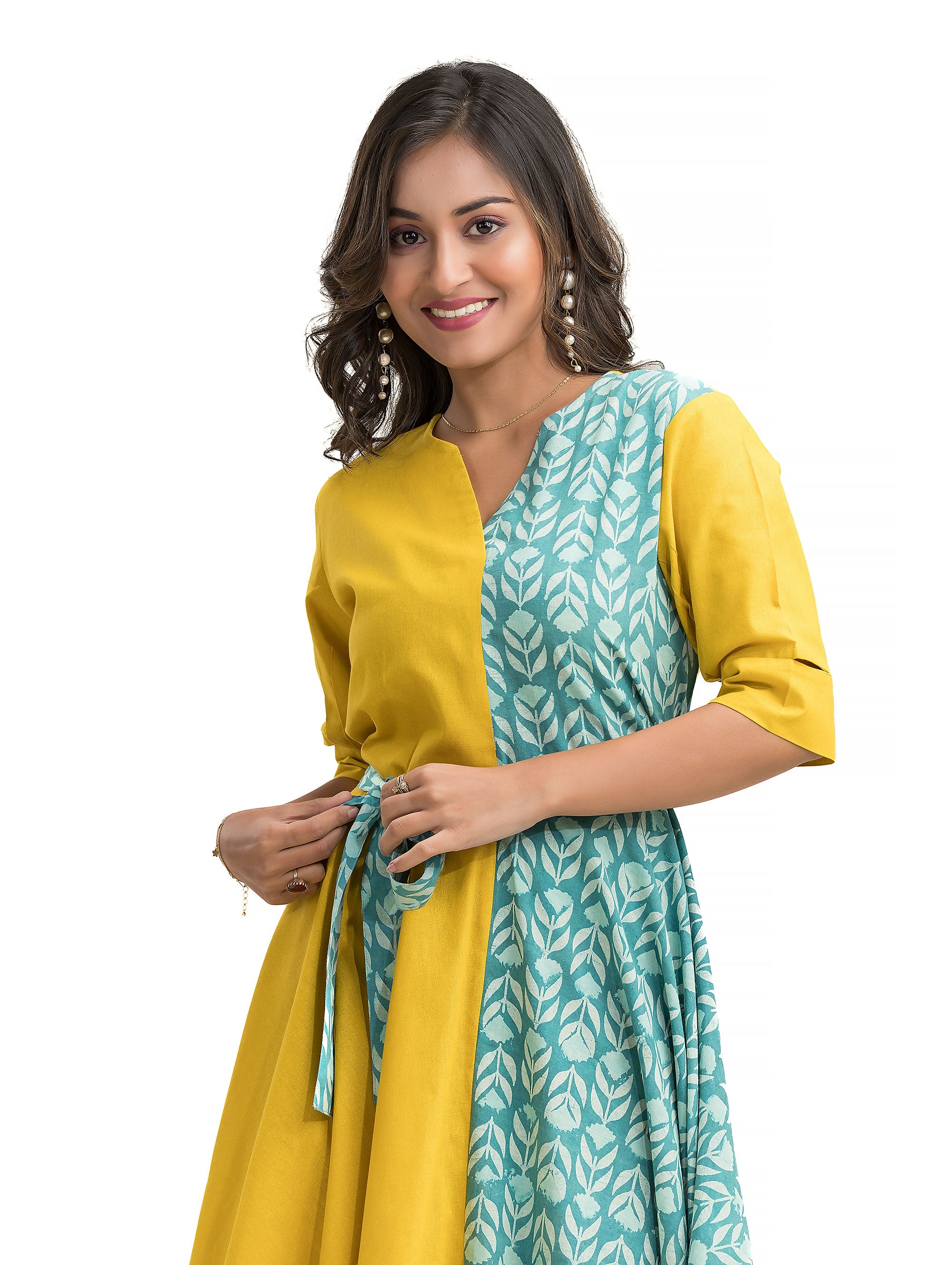 Dabu Hand Block Assymmetric Dress with Belt