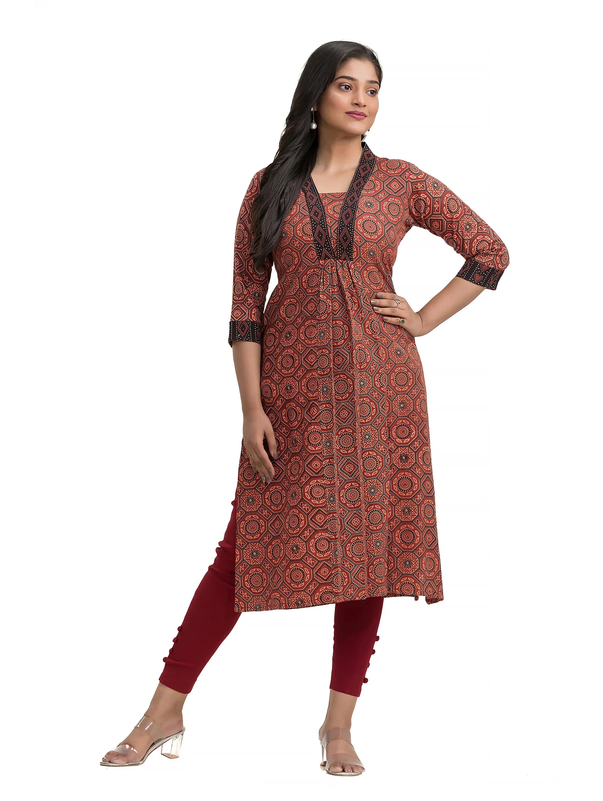 Maroon Ajrakh High Neck Kurti with Ajrakh Lacework