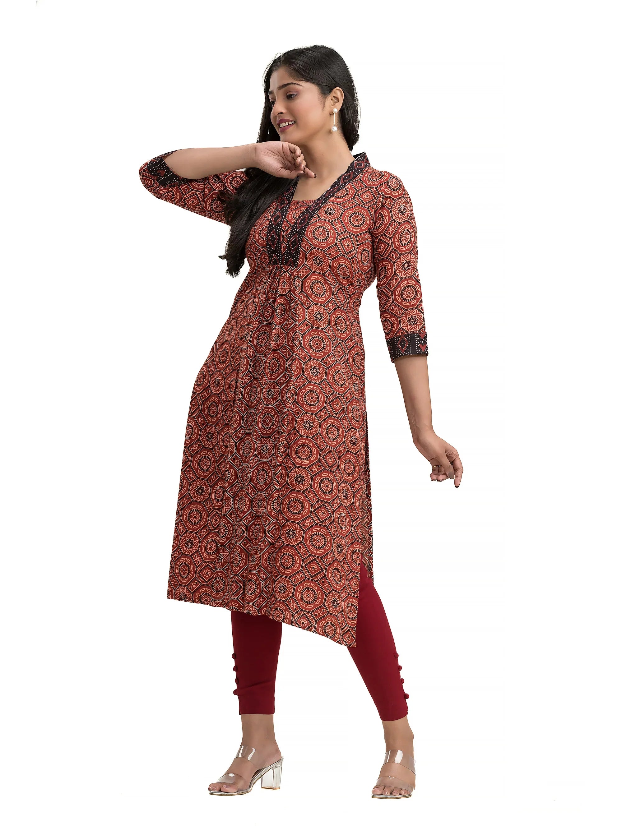 Maroon Ajrakh High Neck Kurti with Ajrakh Lacework