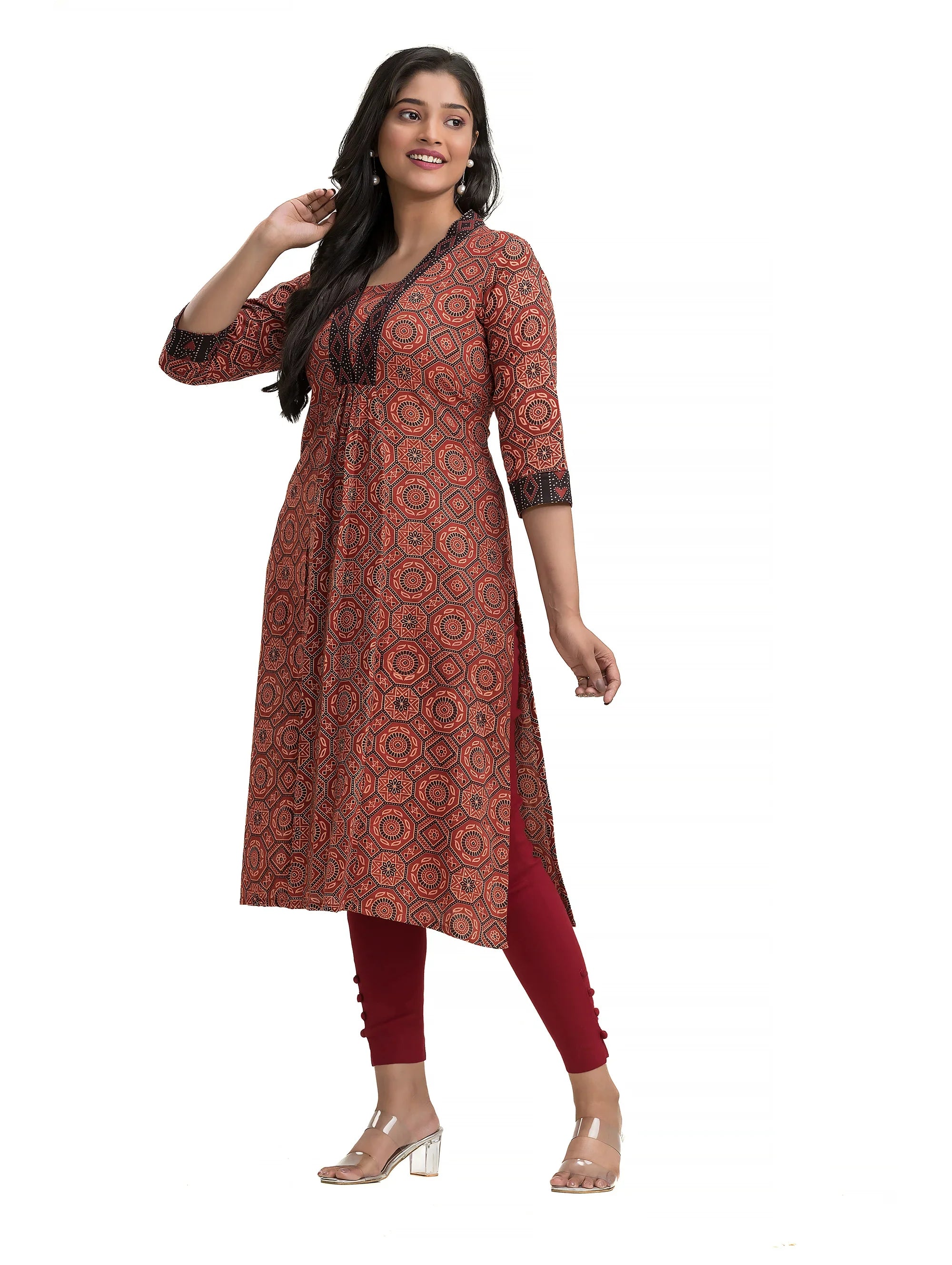 Maroon Ajrakh High Neck Kurti with Ajrakh Lacework