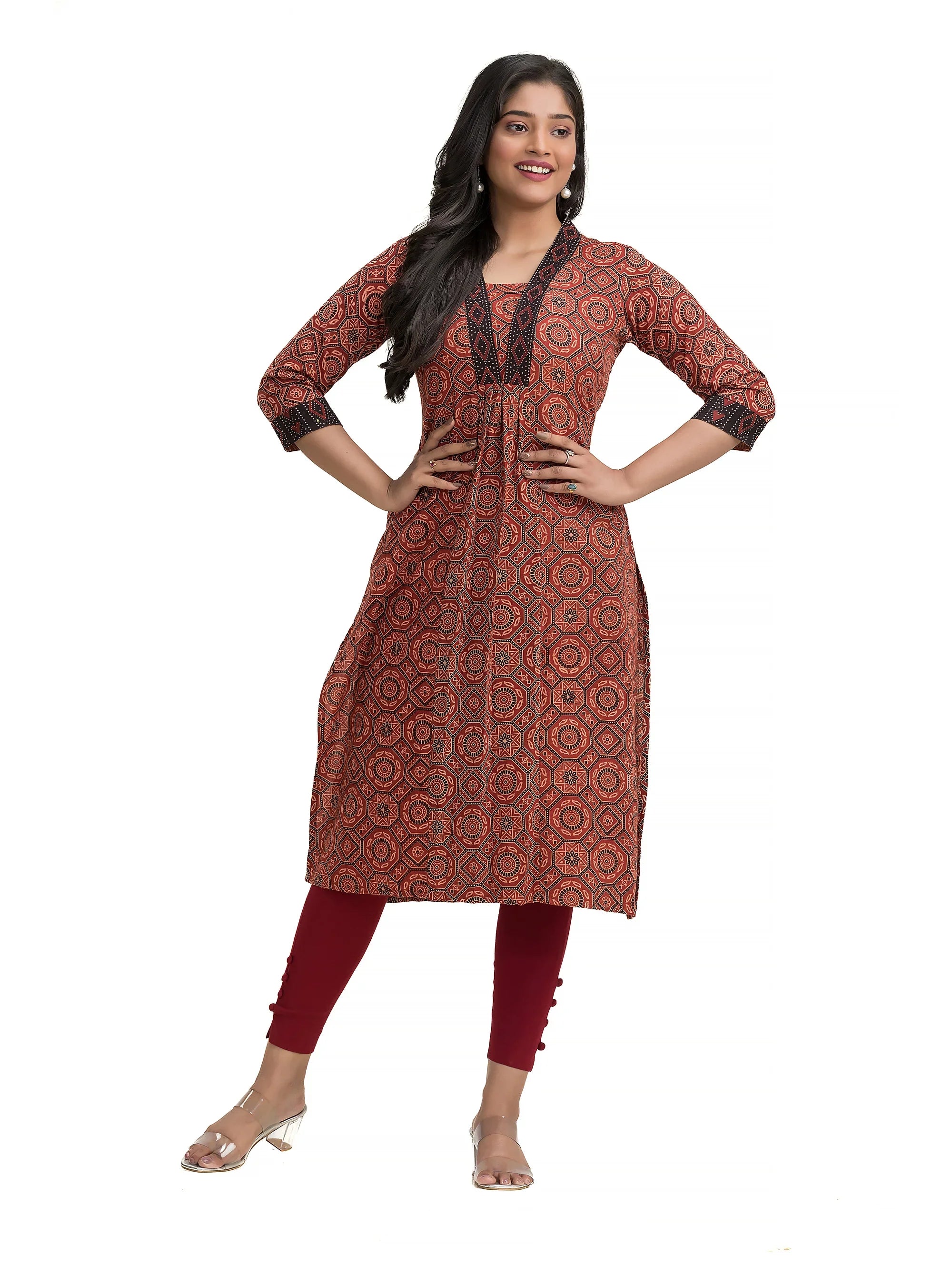 Maroon Ajrakh High Neck Kurti with Ajrakh Lacework