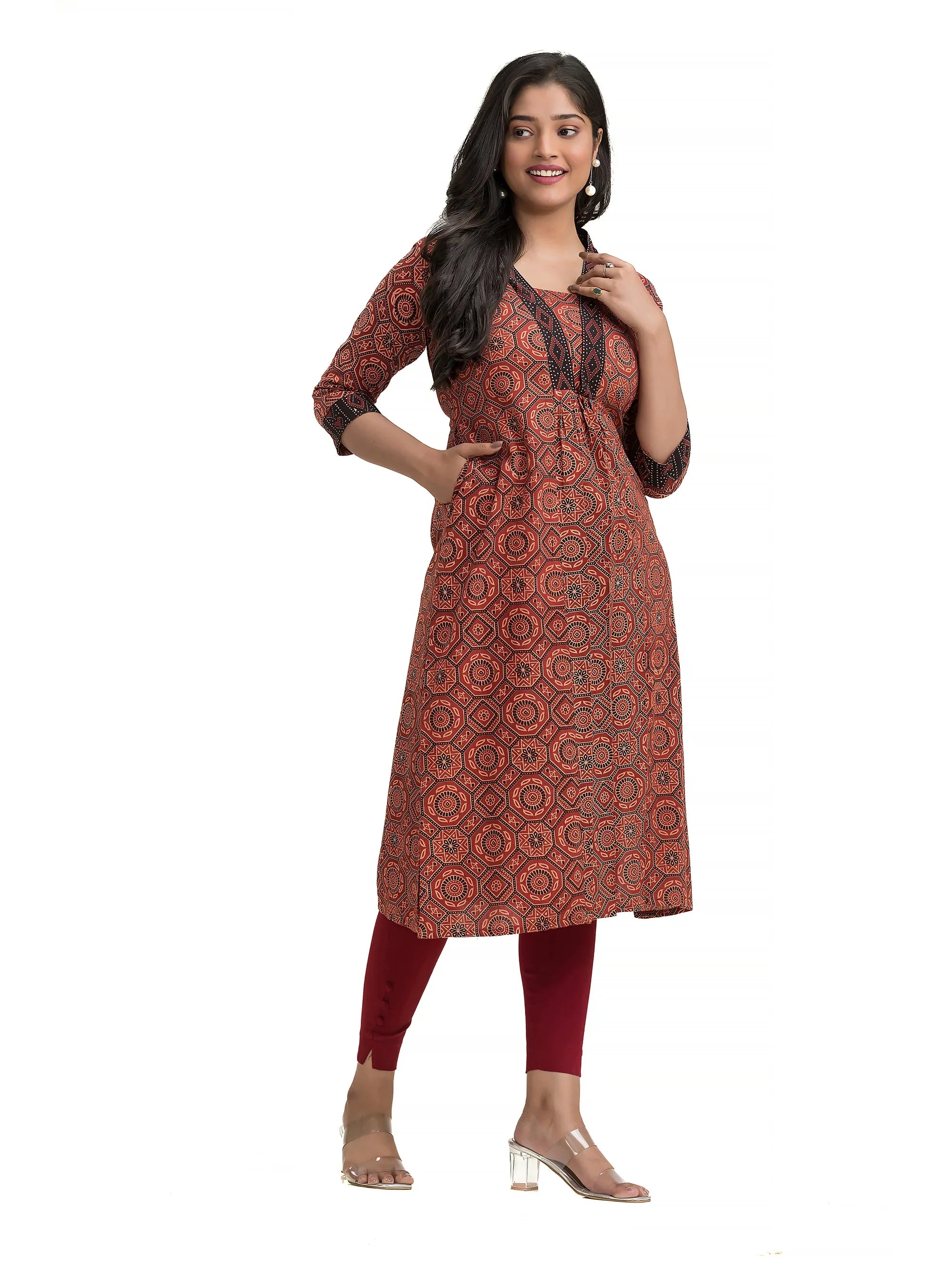Maroon Ajrakh High Neck Kurti with Ajrakh Lacework