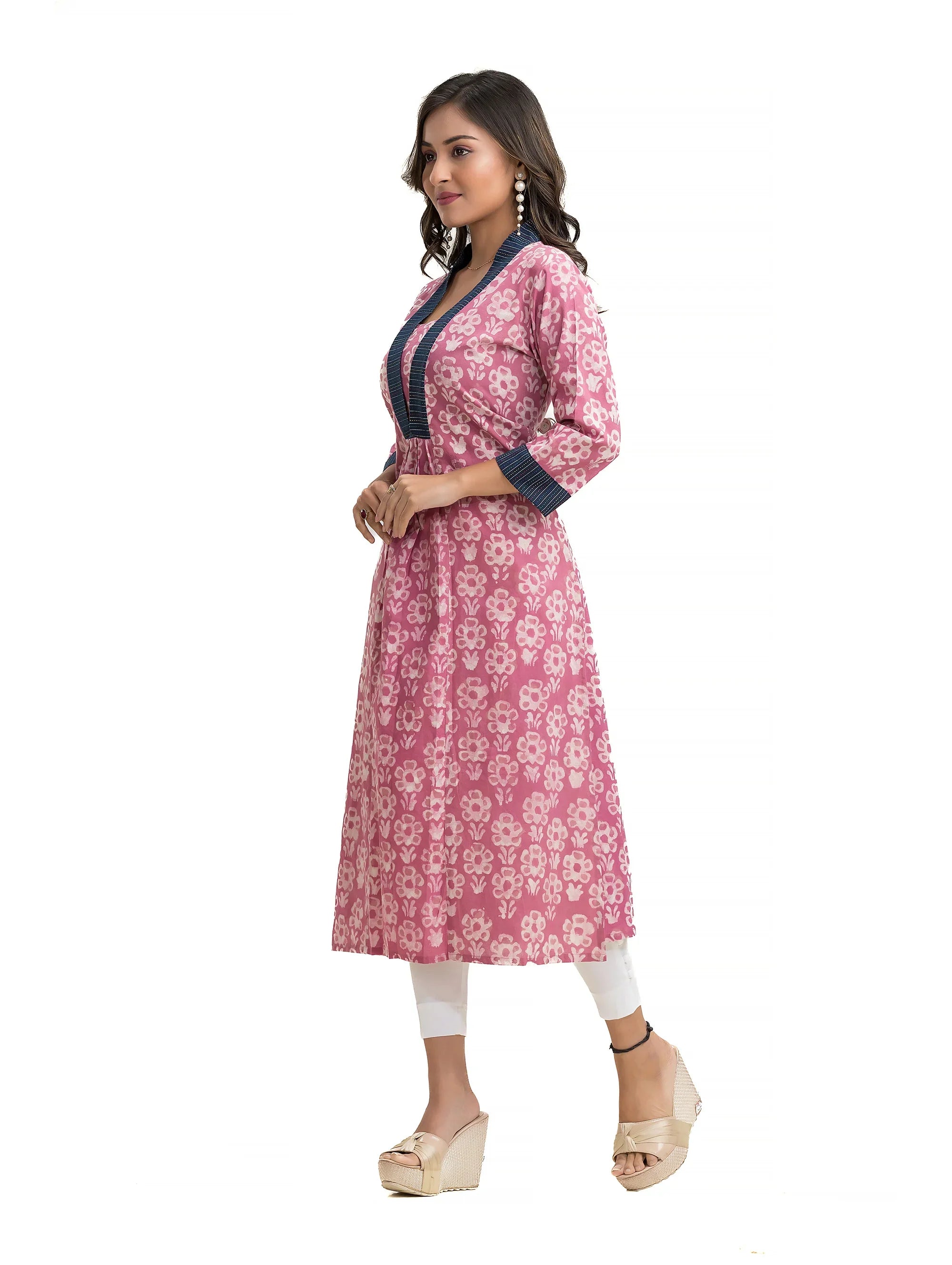 Floral Motif Dabu Printed Straight Kurti with Kantha Lacework