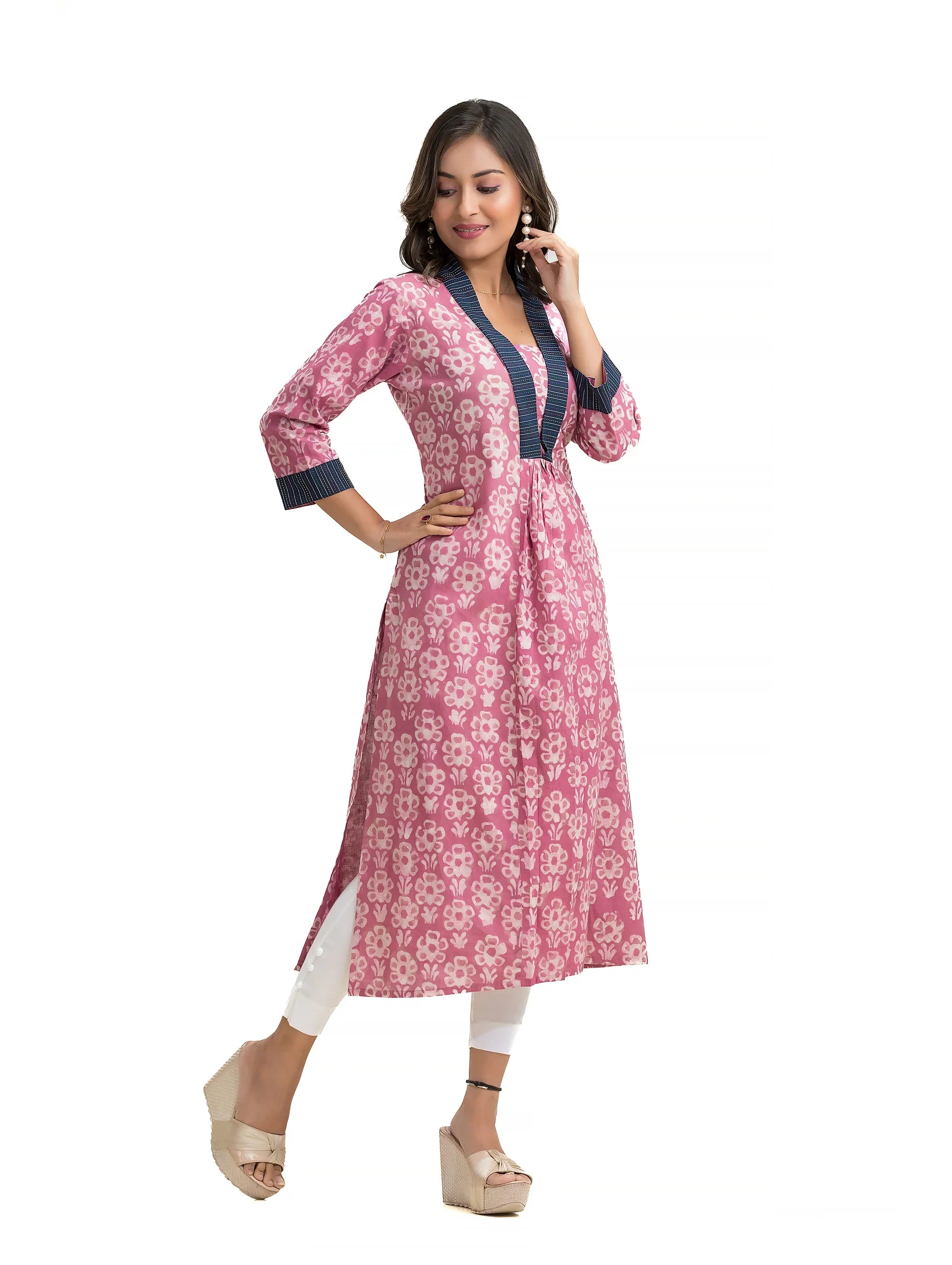 Floral Motif Dabu Printed Straight Kurti with Kantha Lacework