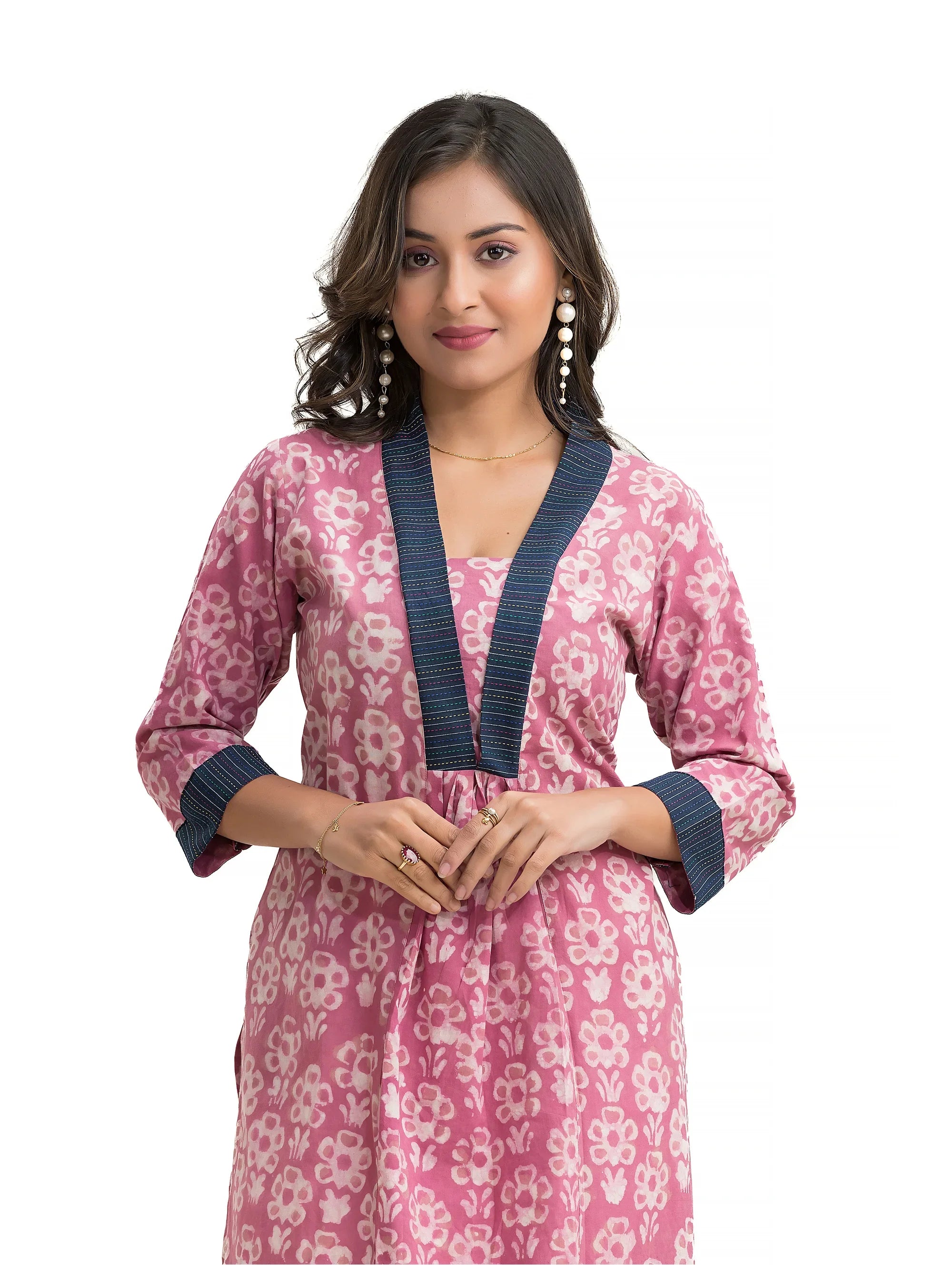 Floral Motif Dabu Printed Straight Kurti with Kantha Lacework